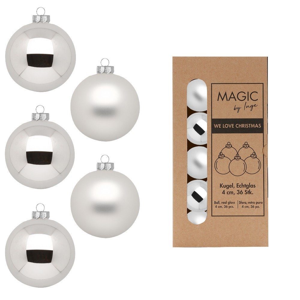 MAGIC by Inge Weihnachtsbaumkugel, Weihnachtskugeln Glas 4cm 36 Stück - Frosty Silver