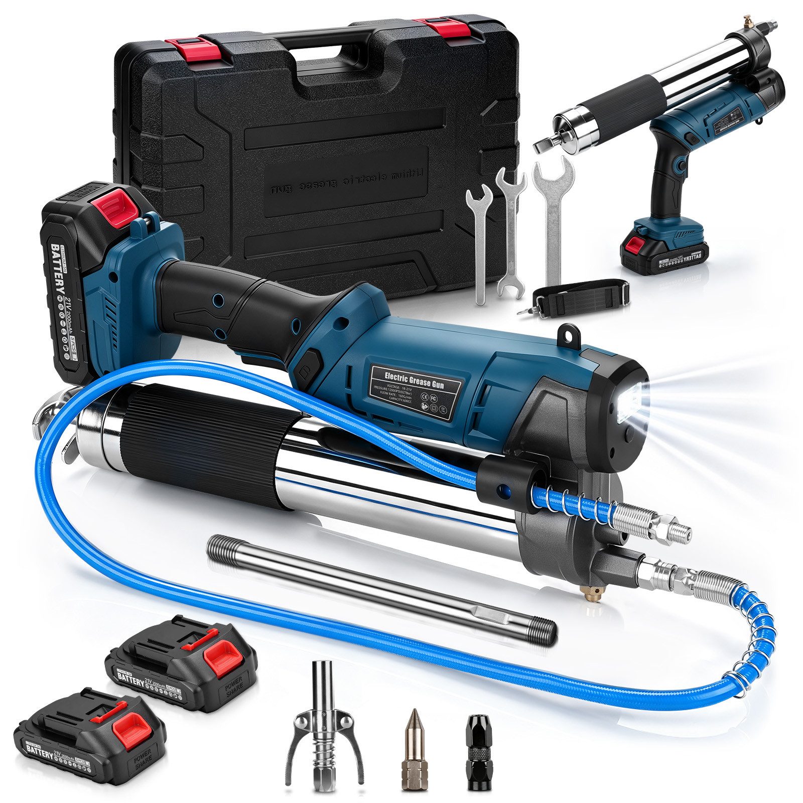 XIIW Akku-Kartuschenpistole 12000PSI Akku Fettpresse mit LED Schalter‌ Elektrische Schmierpistole, (Set, 13-tlg., mit 2×2,0Ah Akku, 100cm Schlauch, 3 Mundstück, Bürstenloser Motor), für Lager, Hydraulik, Maschinen, Fahrzeuge, Landwirtschaft & Bau