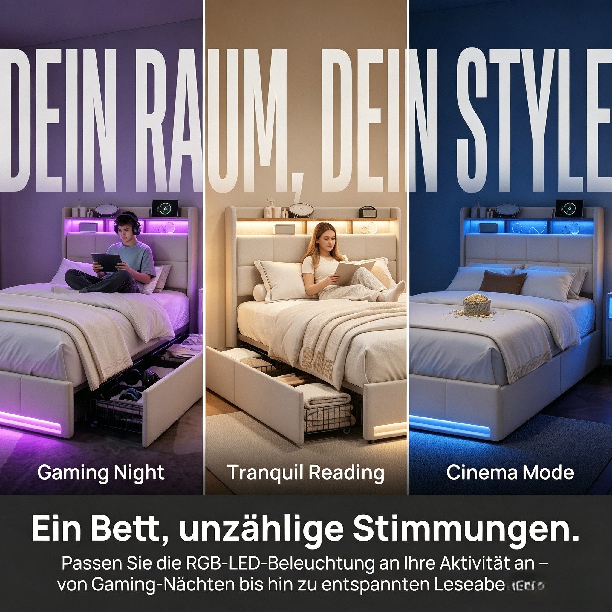 PXloue Polsterbett LED Doppelbett Stauraumbett, mit USB-Laden und Stauraum am Kopfteil,Leinen,90x200 cm