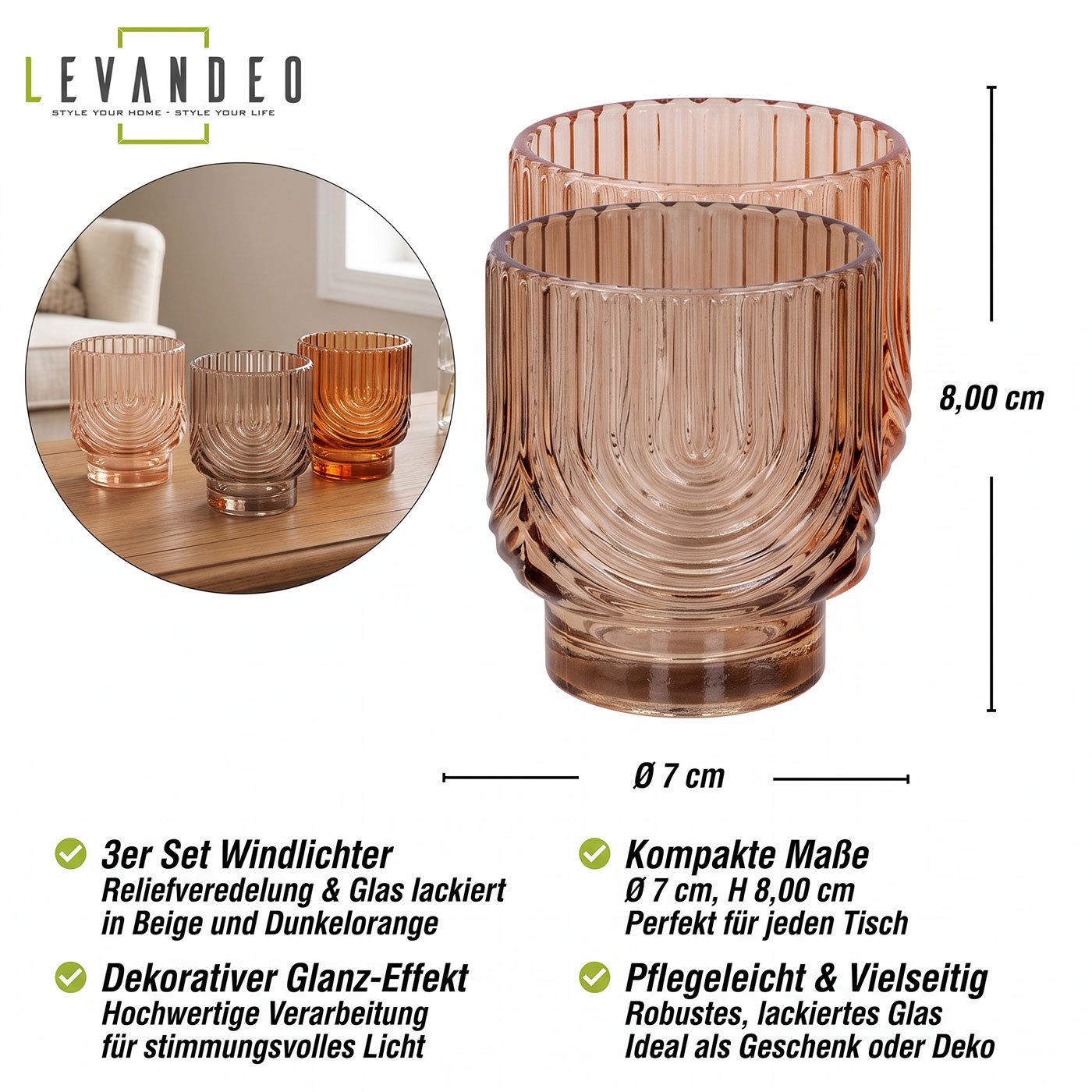 Levandeo® Teelichthalter 3er Set Kerzenglas Teelichthalter Bernstein Beige Orange Windlichter H – Bild 3 von 5