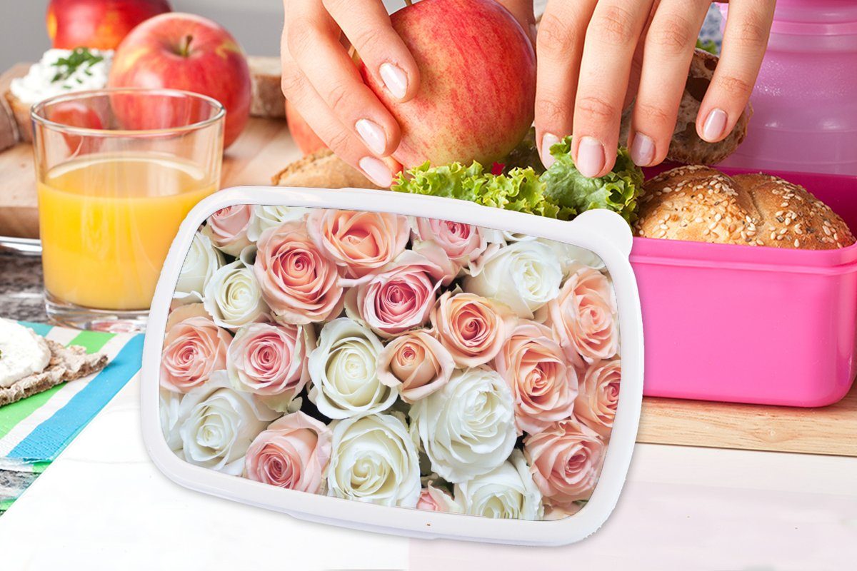 Blumen MuchoWow Rosa, (2-tlg), Mädchen, Kunststoff, Rosen Brotbox Lunchbox - - für Snackbox, - Erwachsene, Kinder, Kunststoff Brotdose Weiß