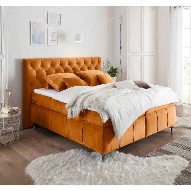 Lomadox Boxspringbett PETARE-09, Bett 180x200 cm orange Härtegrad H2 inkl. günstig online kaufen