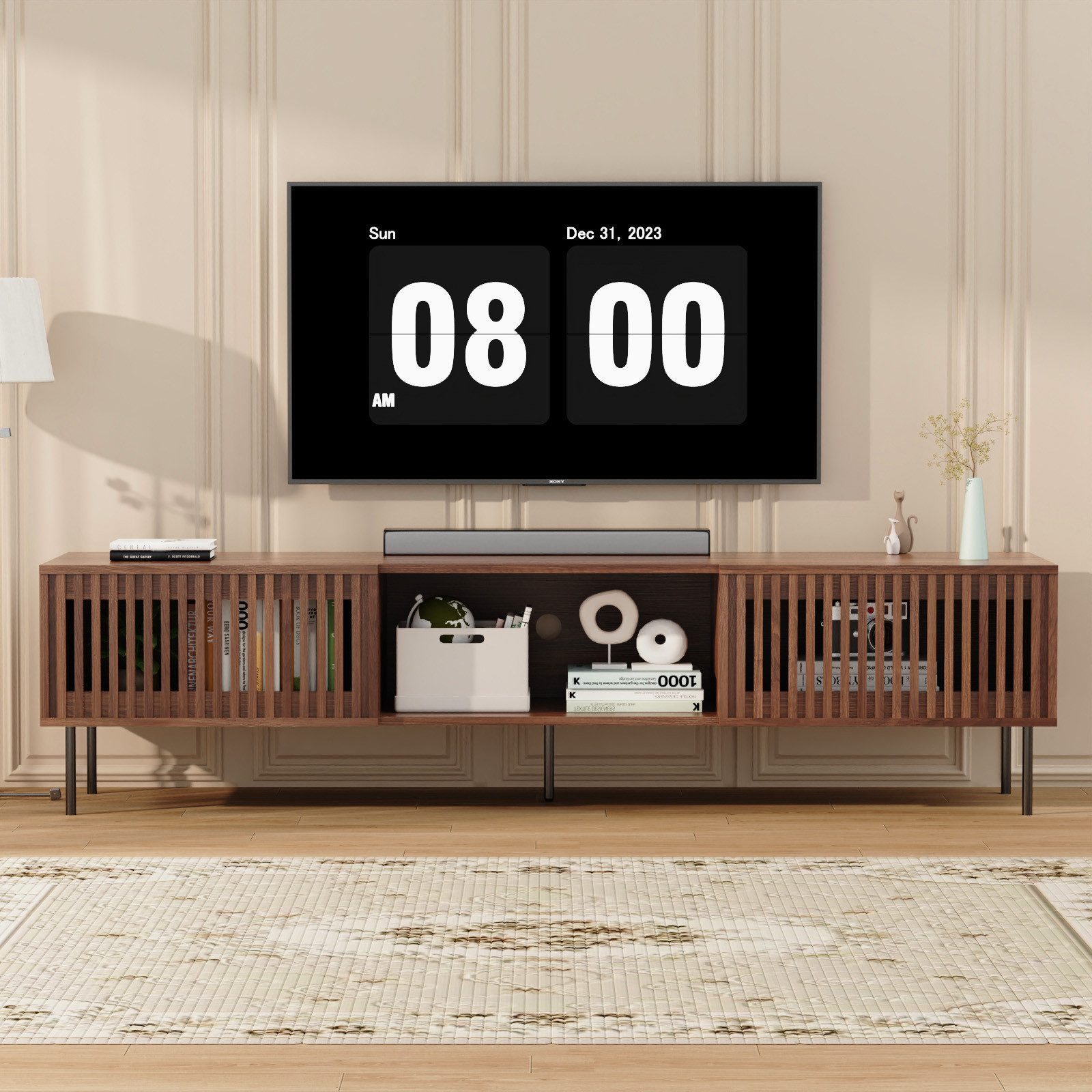Insma Lowboard Modern TV-Schrank Fernsehrschrank mit 2 Lamellentüren 176×44×44cm, TV-Board stehend mit Stauraum & offenen Fächern
