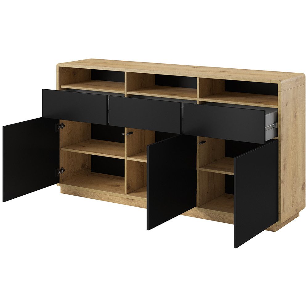 Lomadox Sideboard ALBANY-83, Taurus Eiche Nb. mit Absetzungen in schwarz matt 180/96/40 cm