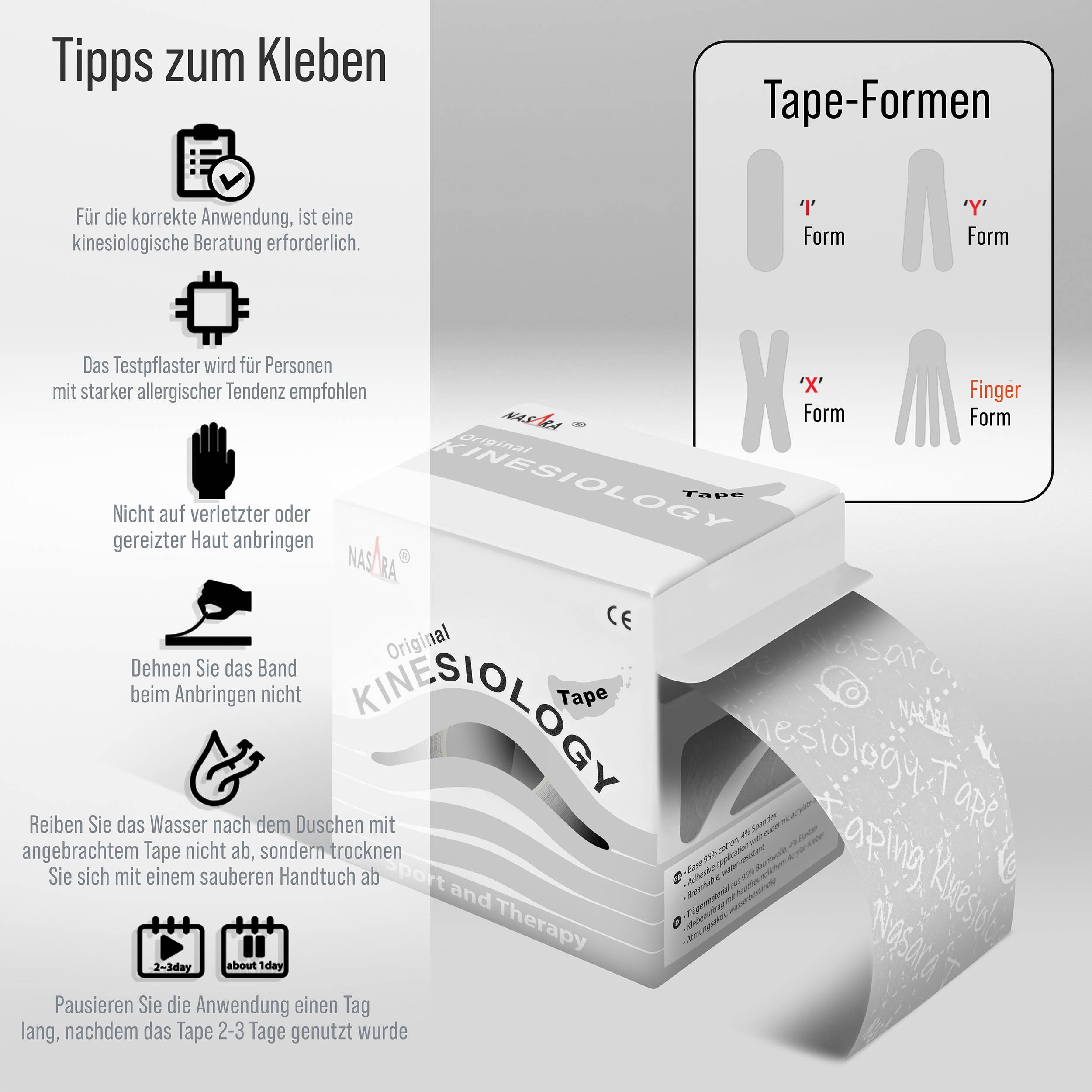 NASARA Kinesiologie-Tape 5m x 5 cm Rolle Sport- und Pysiotape mit langer Haftdauer in Weiß 5m x 50 mm