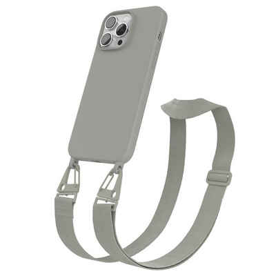 EAZY CASE Handykette Karabiner Breitband für Apple iPhone 14 Pro Max 6,7 Zoll, Ketten Hülle Transparent Case Kettenhülle abnehmbare Kordel Grau Taupe