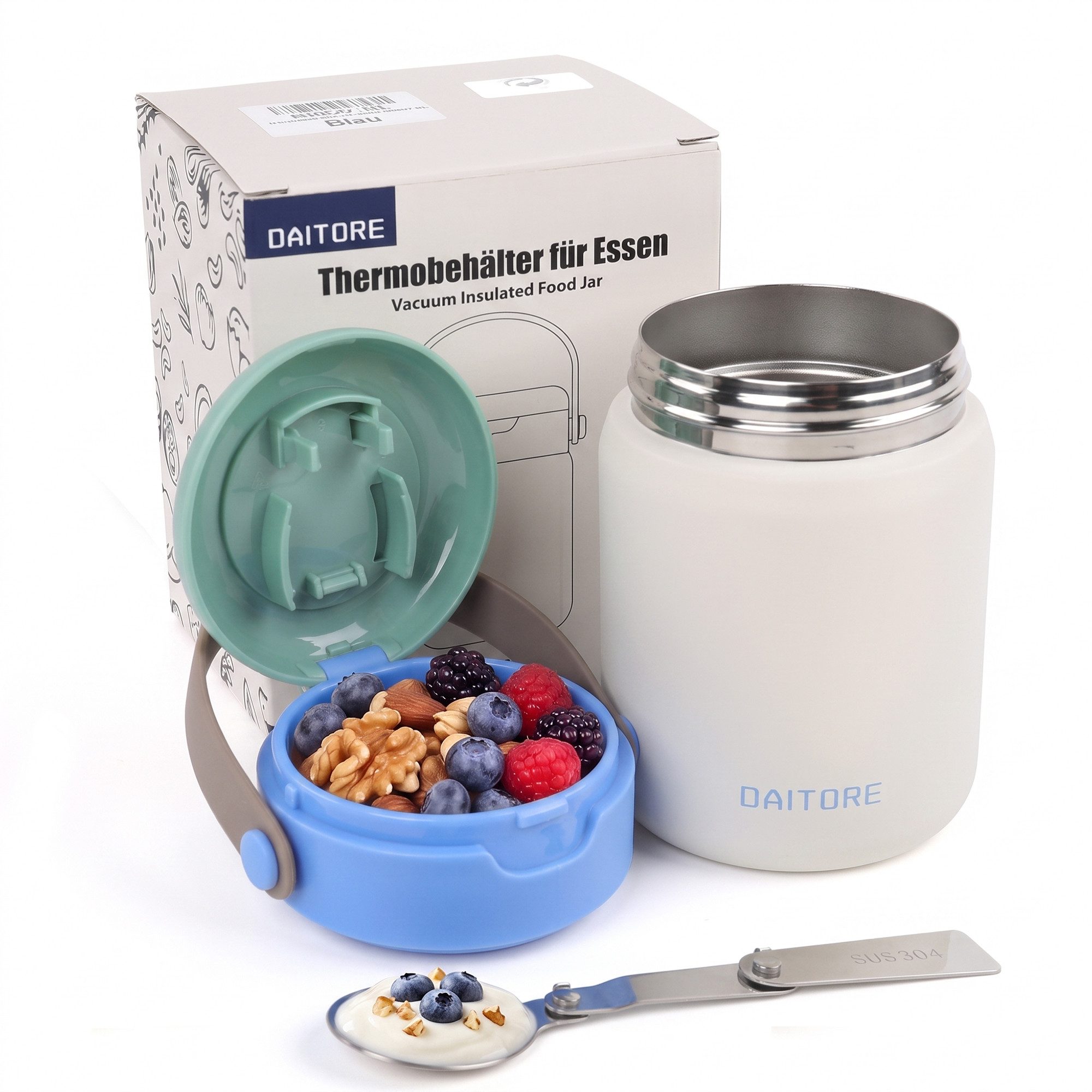 DAITORE Thermobehälter 480ml Thermobehälter Edelstahl 304 mit Löffel, auslaufsicher, (Geeignet für Büro, Schule, Reisen, Vielseitige Anwendung), 5h warm & 8h kalt, BPA-frei bruchfest doppelwandig isoliert