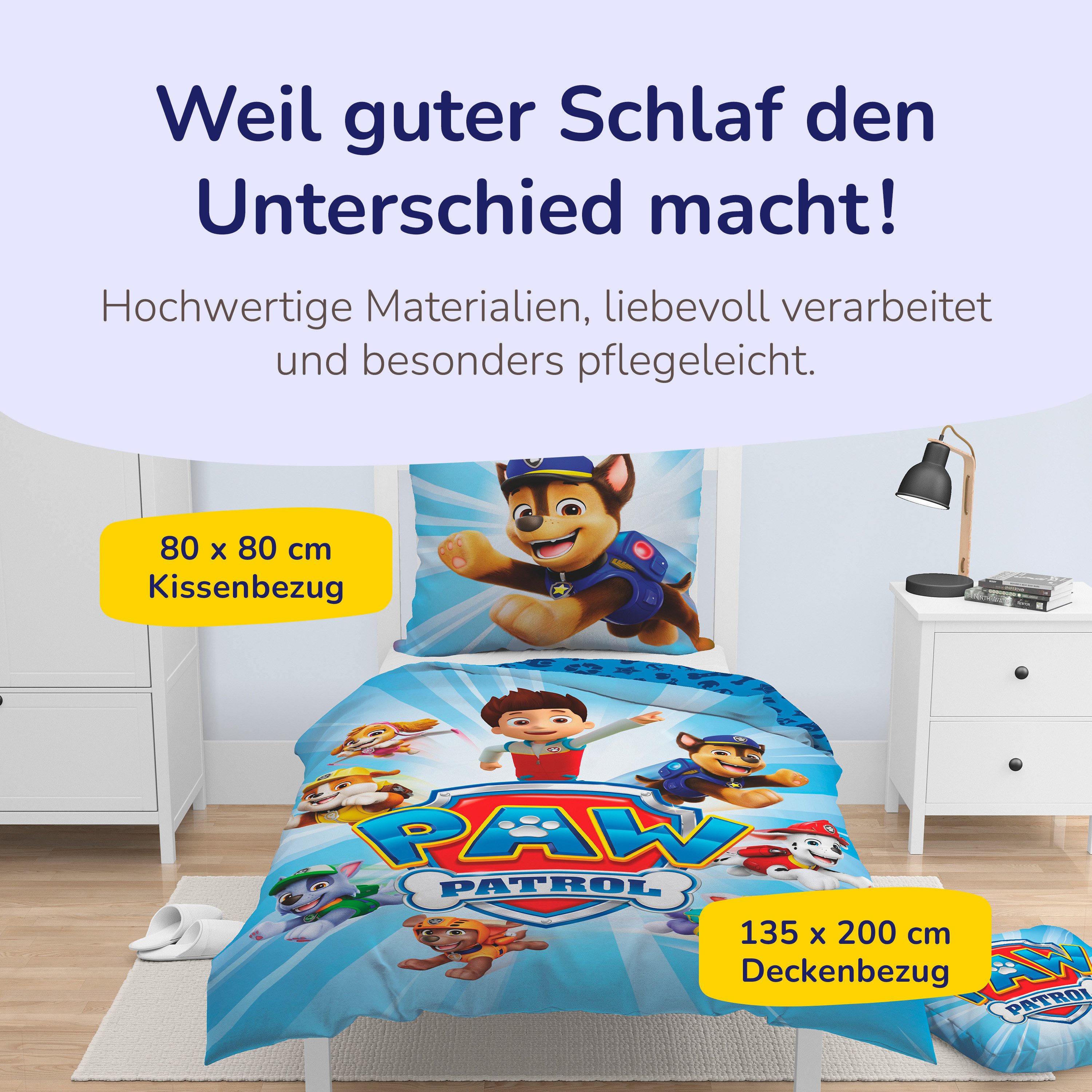 Träumschön Kinderbettwäsche Paw Patrol 135x200 + 80x80 cm, 100% Baumwolle, Paw Patrol Mighty Pups, Renforcé, 2 teilig, mit Reißverschluss, 100% Baumwolle, Bettwäsche-Set für Kinder