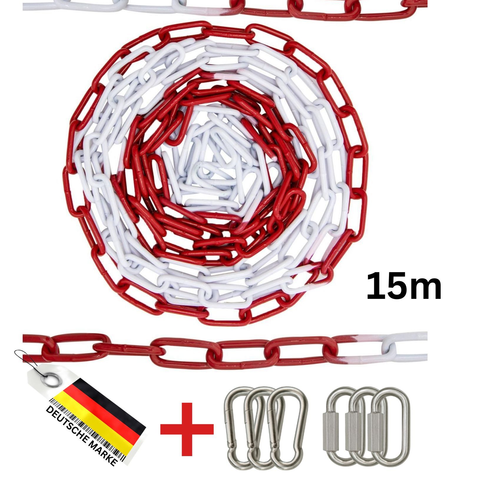 FAMEX Absperrkette 15m Stahlkette Rot Weiß, (Warnkette, Sicherheitskette) Karabinerhaken, Notglied, wetterfest