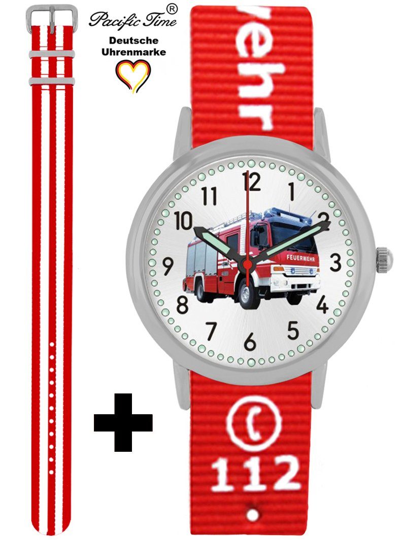 Pacific Time Quarzuhr Set Kinder Armbanduhr Feuerwehr Wechselarmband, Mix und Match Design - Gratis Versand rot weiß gestreift