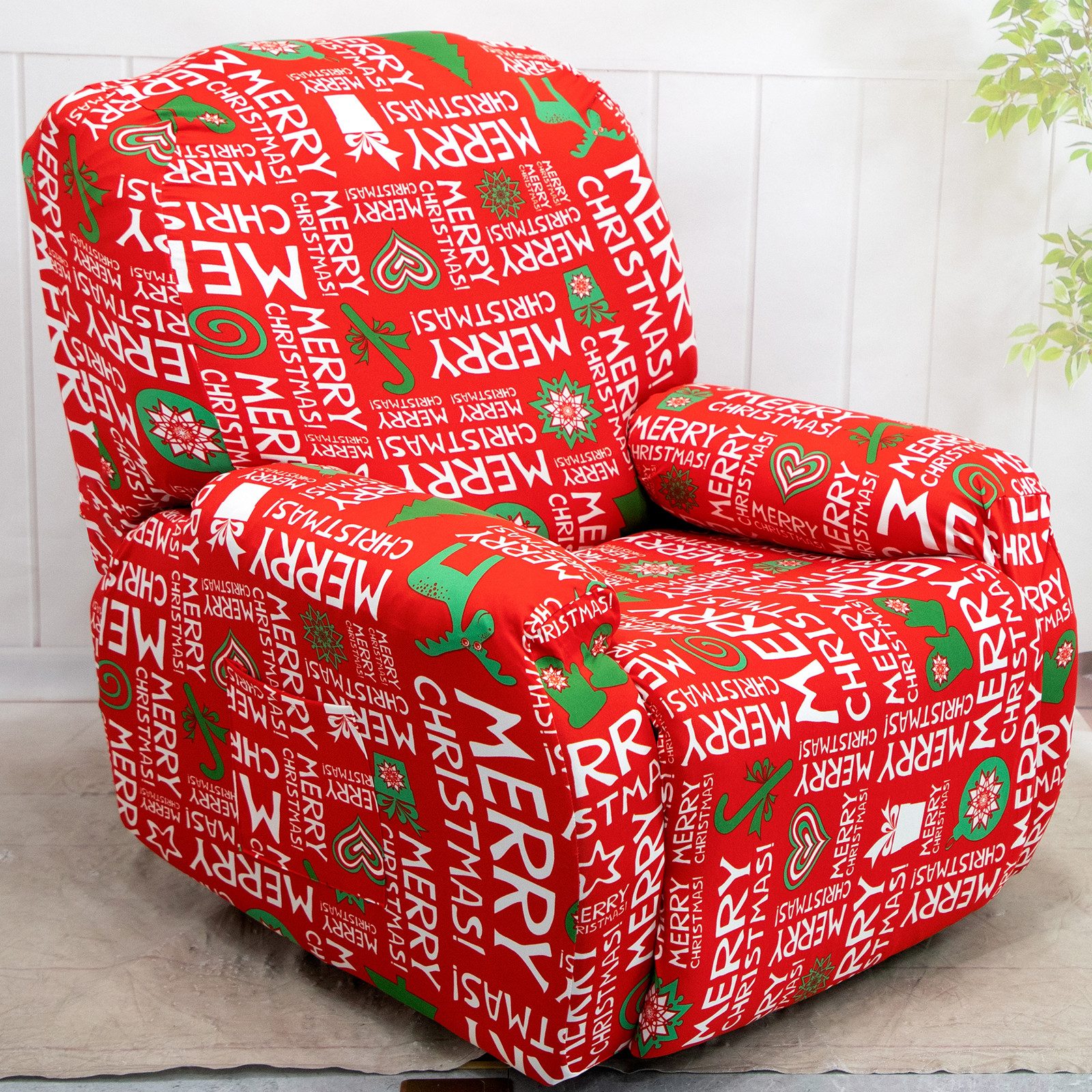 BTTO Sesselhusse Sesselschoner für Relaxsessel 4-Teilig,Weihnachten, Stretch Sesselbezug