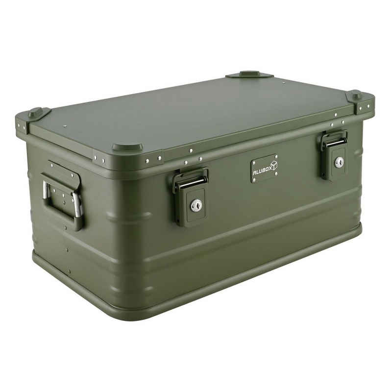 ALUBOX Aufbewahrungsbox Premium Lagerbox mit Druckguss Stapelecken olivgrün (47 Liter), Fangbänder am Deckel