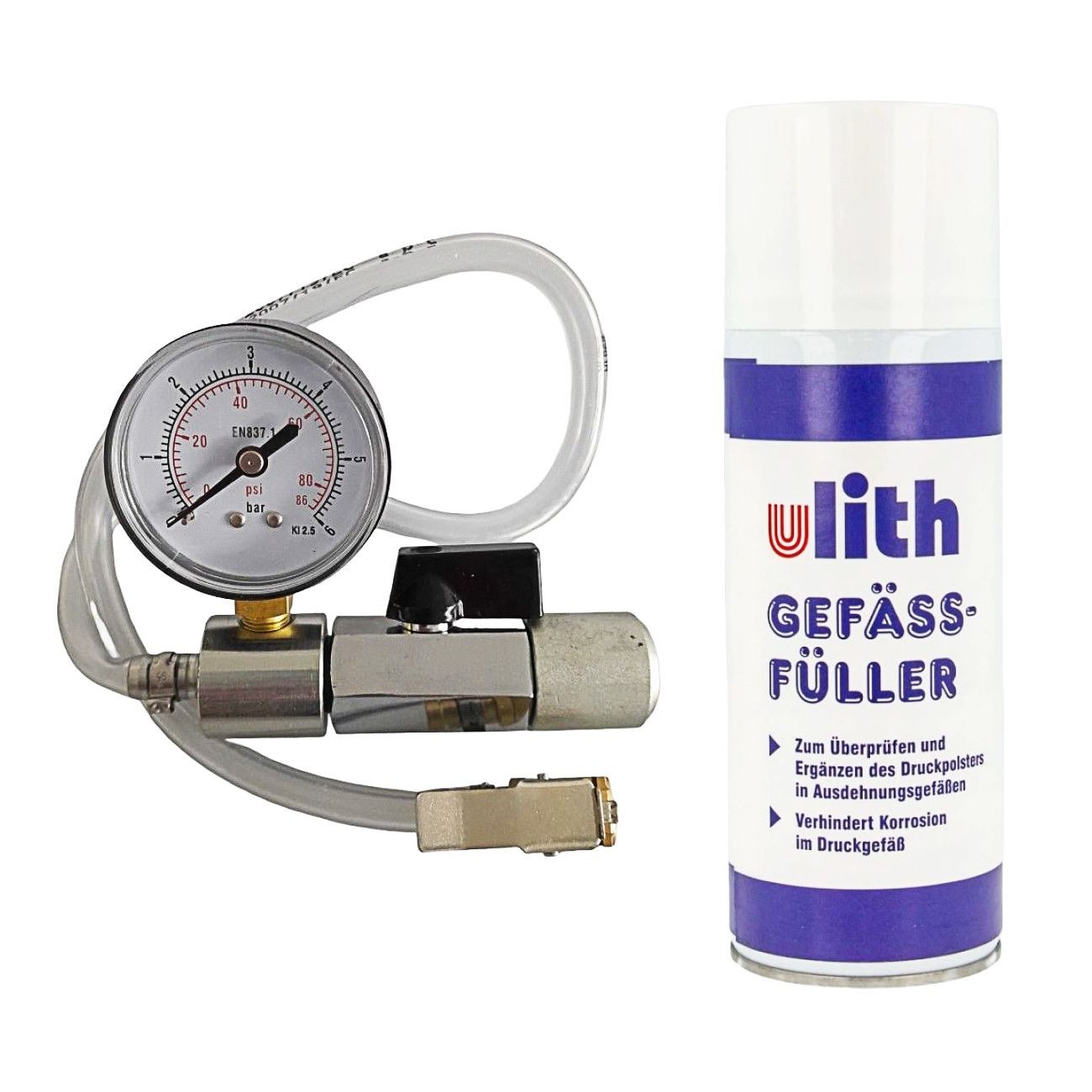 Ulith Gefäßfüller 400 ml brennbar frei für Membran Ausdehnungsgefäße Allzweckreiniger (1-St. 1er Set inkl. 1x Anschlussadapter mit Absperrvorrichtung und Manometer)
