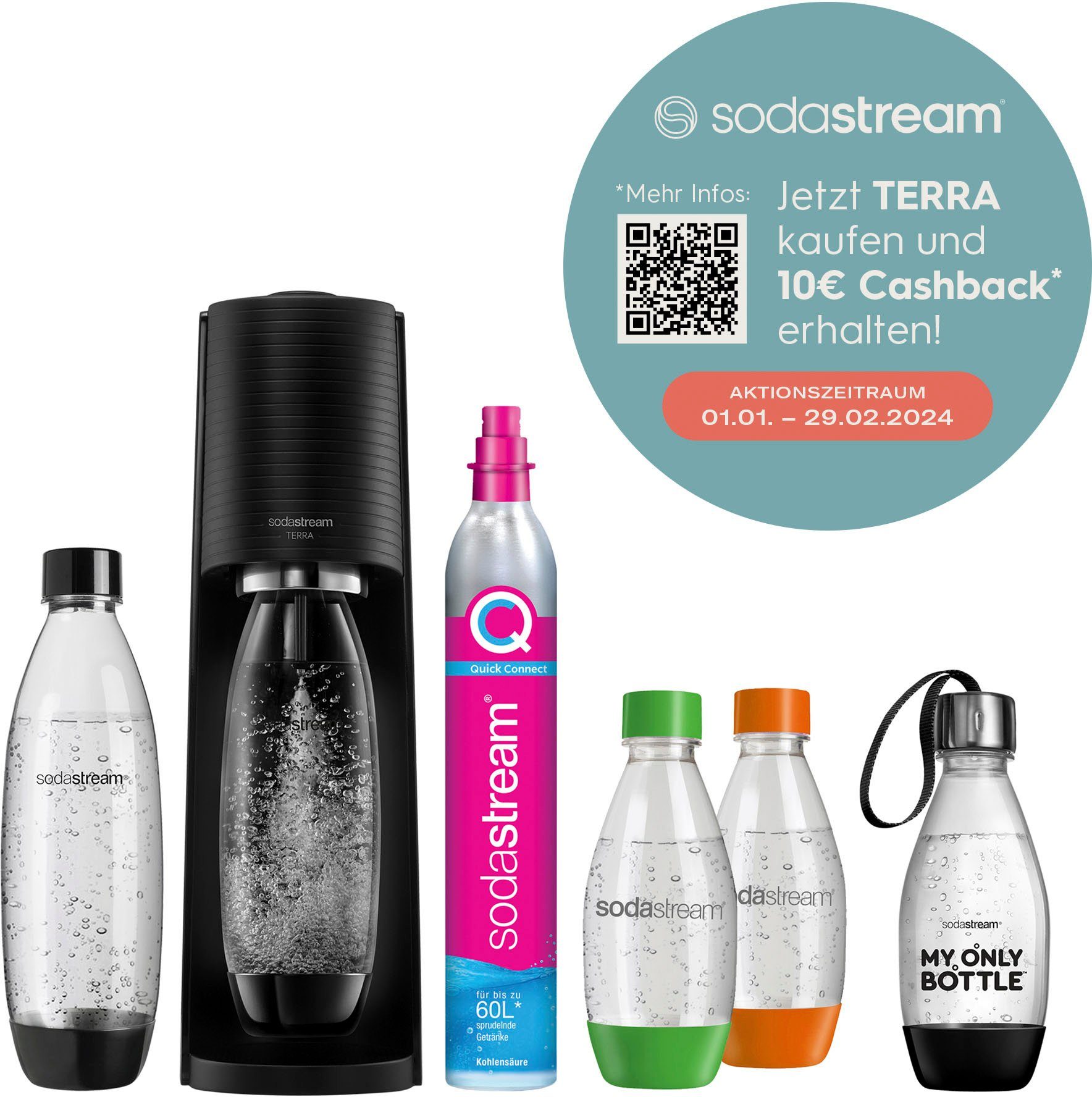 SodaStream Wassersprudler TERRA Bundle Vorteilspack, (Set, 7-tlg), SodaStream  Wassersprudler,CO2-Zylinder, 0,5L Kunststoff-Flasche