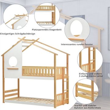 XDeer Kinderbett Hausbett,Etagenbett(weiß,200x90cm)Kinderbett, mit rechtwinkliger Leiter,mit Fallschutz und Barriere