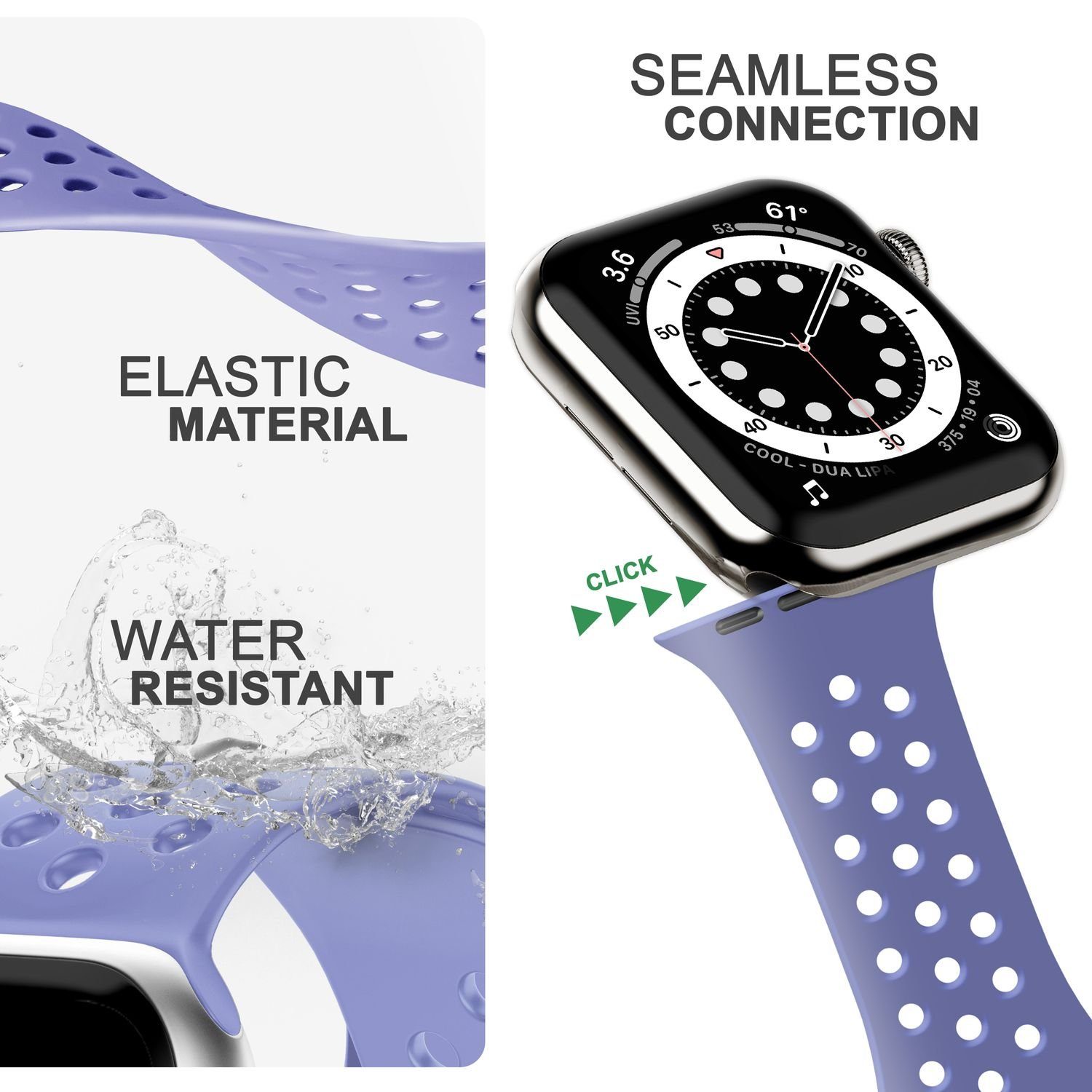 Nalia Smartwatch-Armband Apple Silikon Watch / Uhr Gelochtes Lavendel Ersatzband für Sport / Fitness Atmungsaktiv 38mm/40mm/41mm
