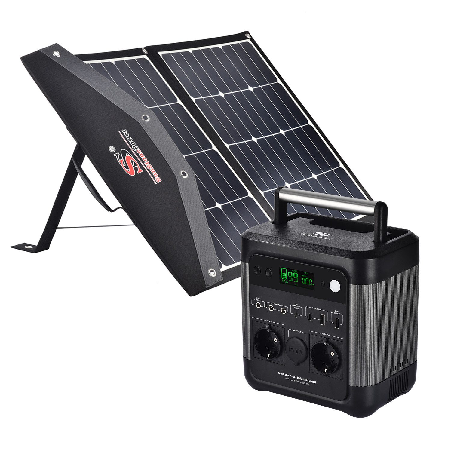 Sunstone Power Sunstone 600W 518Wh Powerstation mit 90W faltbares Solarmodul Mono Powerstation 140000 mAh, Schnelles Ladeverfahren, mit 2 Steckdosen