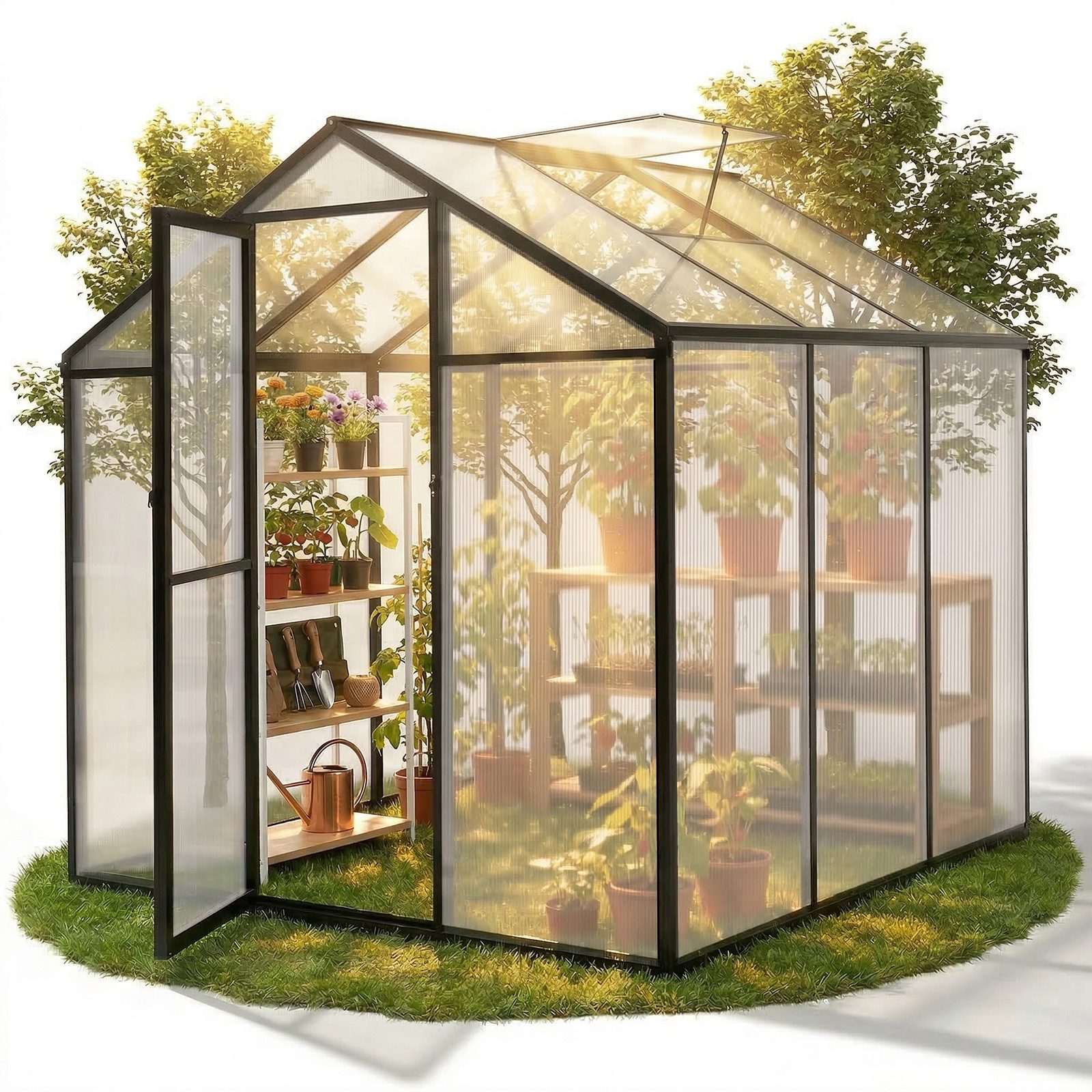Sekey Gewächshaus Aluminium Treibhaus Garten Pflanzen Tomatenhaus wetterfest Schiebetür, 185x185x195cm, Hohlkammerplatten UV-stabilisiert …