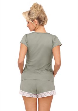 Donna Shorty Schlafanzug kurz unifarben T-Shirt Shorts mit Spitze (Set, 2 tlg., 1 Stück) premium Viskose, Made in Europa