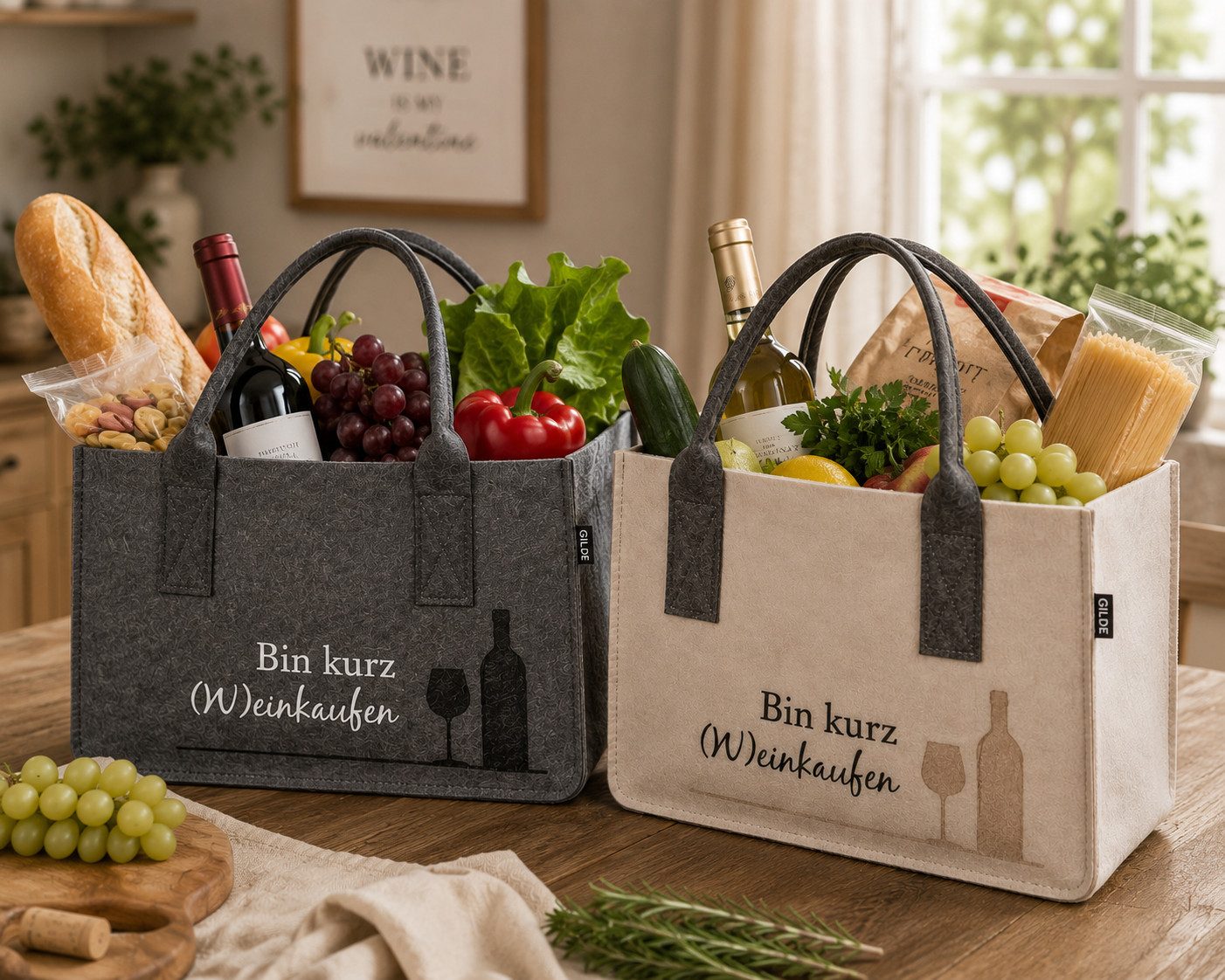 GILDE Shopper Filz Einkaufstasche Weingenuss beige oder dunkelgrau 40 cm (1-tlg)