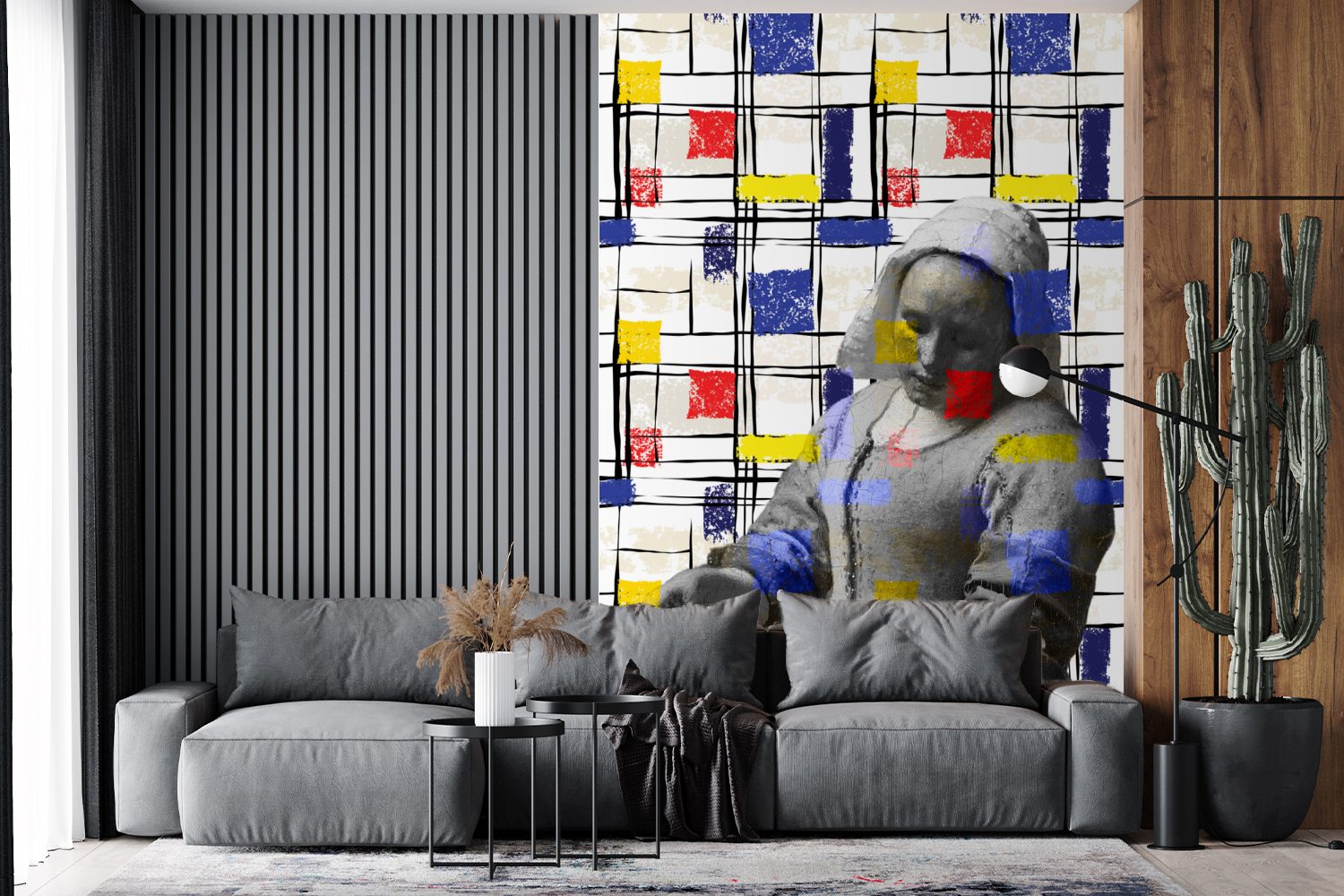 Mondrian Montagefertig Wohnzimmer, bedruckt, Wandtapete (3 MuchoWow Tapete Collage, St), Vinyl für - Fototapete Matt, - Milchmädchen