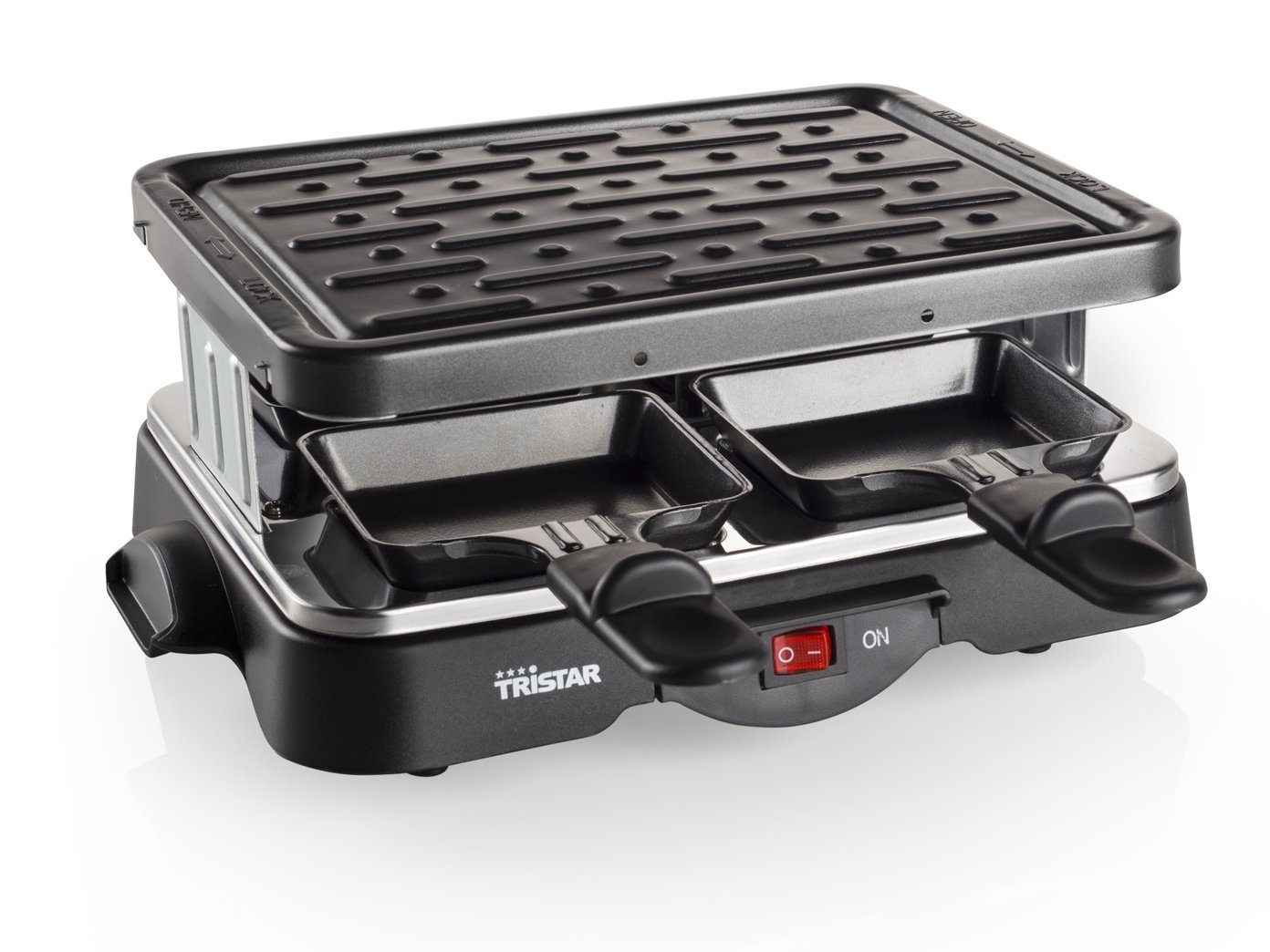 Tristar Raclette, 4 Raclettepfännchen, Kleiner Tischgrill für 2-4 Personen, mini Raclet Gerät & Gabeln