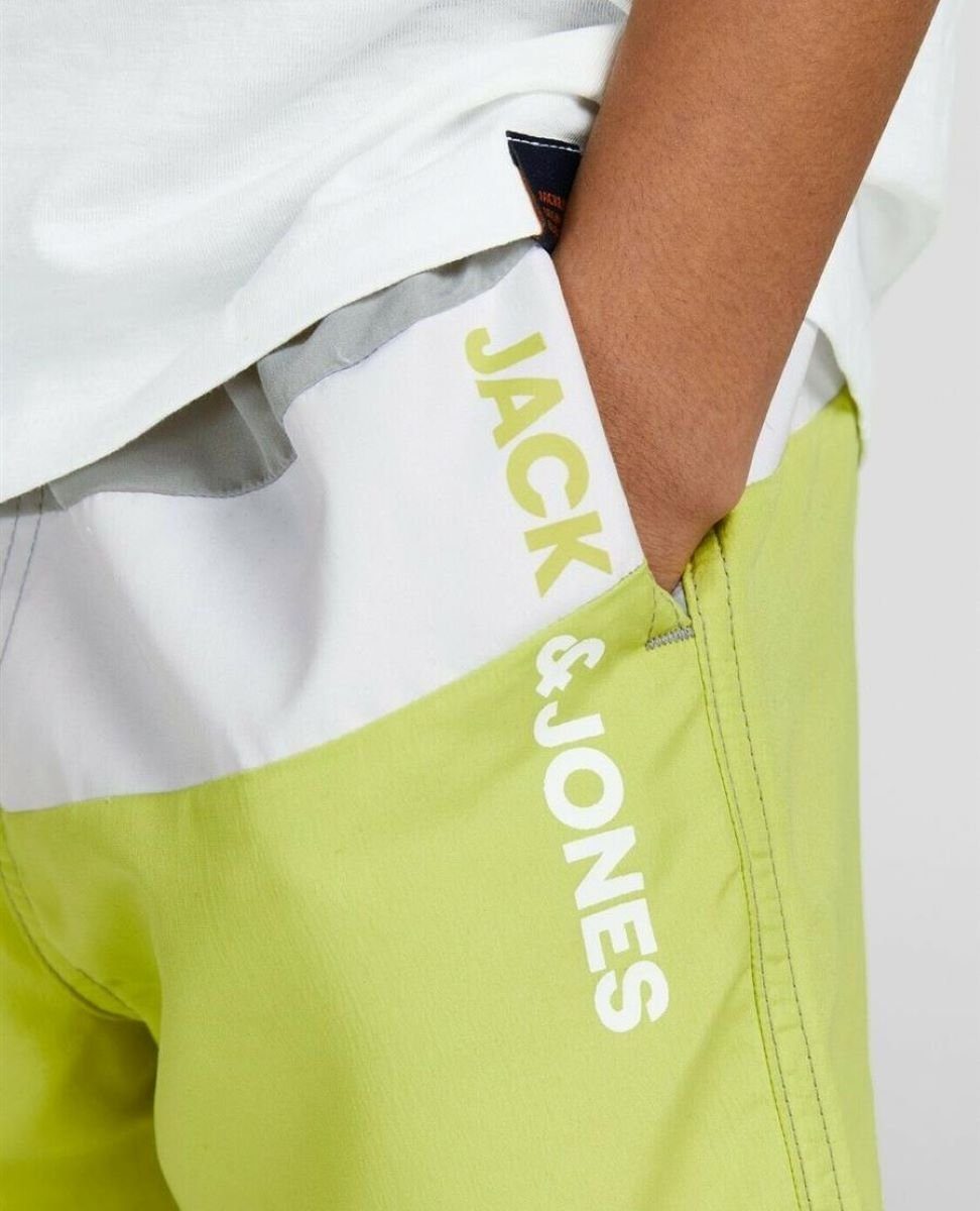 Jack & Jones Badeshorts (1-St., & Grau Logo Schnitt Jones legerer Taschen Badeshort Jungen Neongrün Jack Weiß) weich Badehose