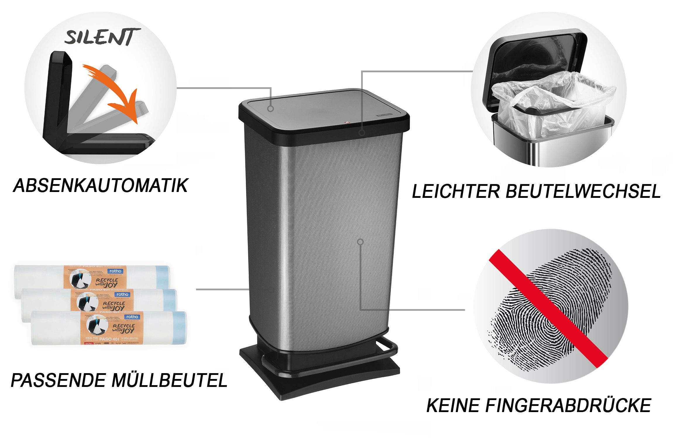 ROTHO Mülleimer Paso Mülleimer 40l mit Pedal und Deckel, hergestellt in der Schweiz