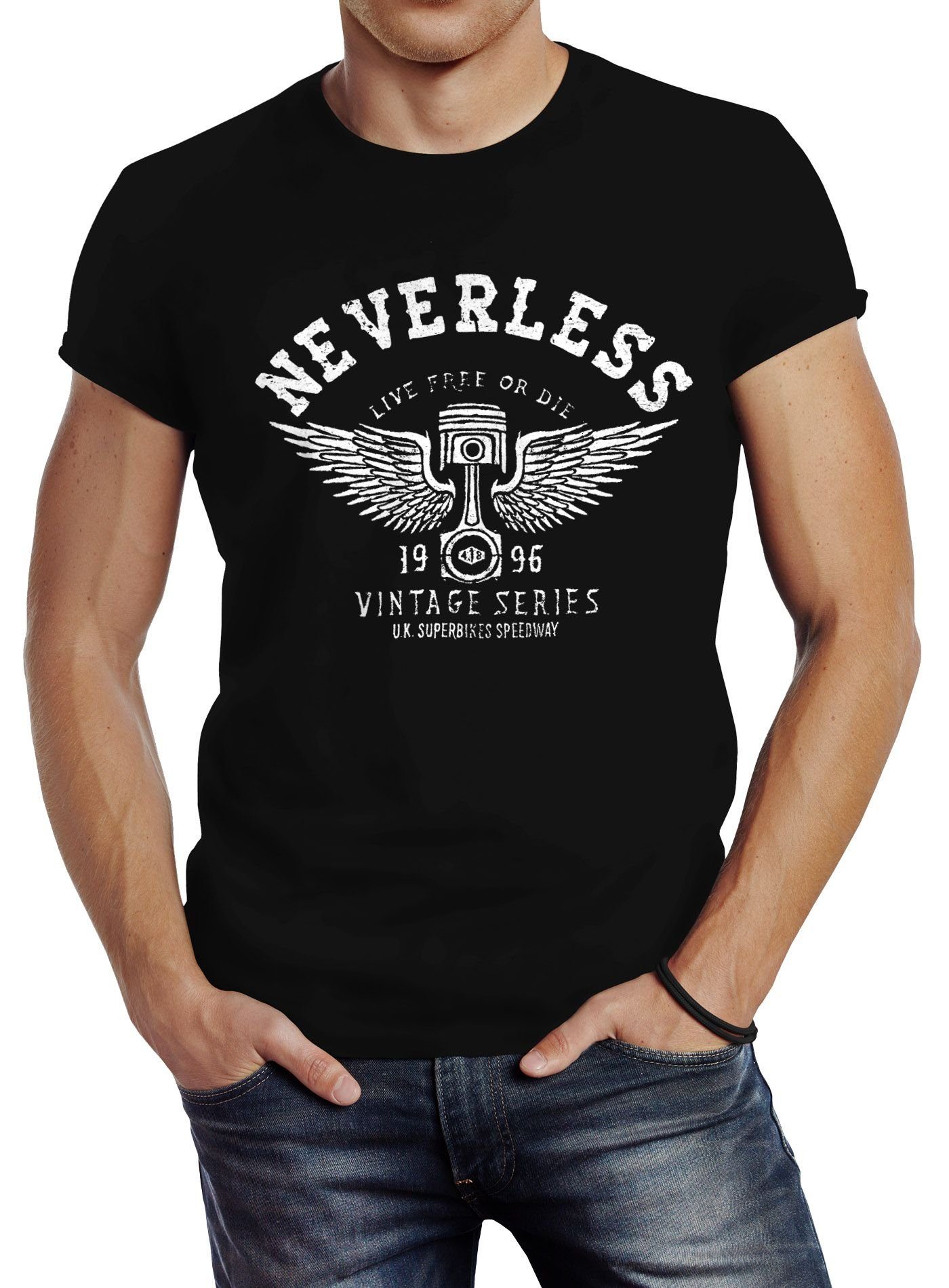 Neverless Print-Shirt Herren T-Shirt Biker Motorrad Motorblock Engine Flügel Wings Slim Fit mit Print