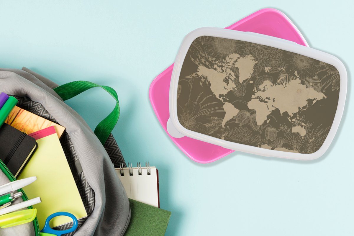 Snackbox, - Erwachsene, Kinder, Weltkarte Braun, für Kunststoff Brotbox - (2-tlg), Blumen MuchoWow Lunchbox Mädchen, rosa Kunststoff, Brotdose