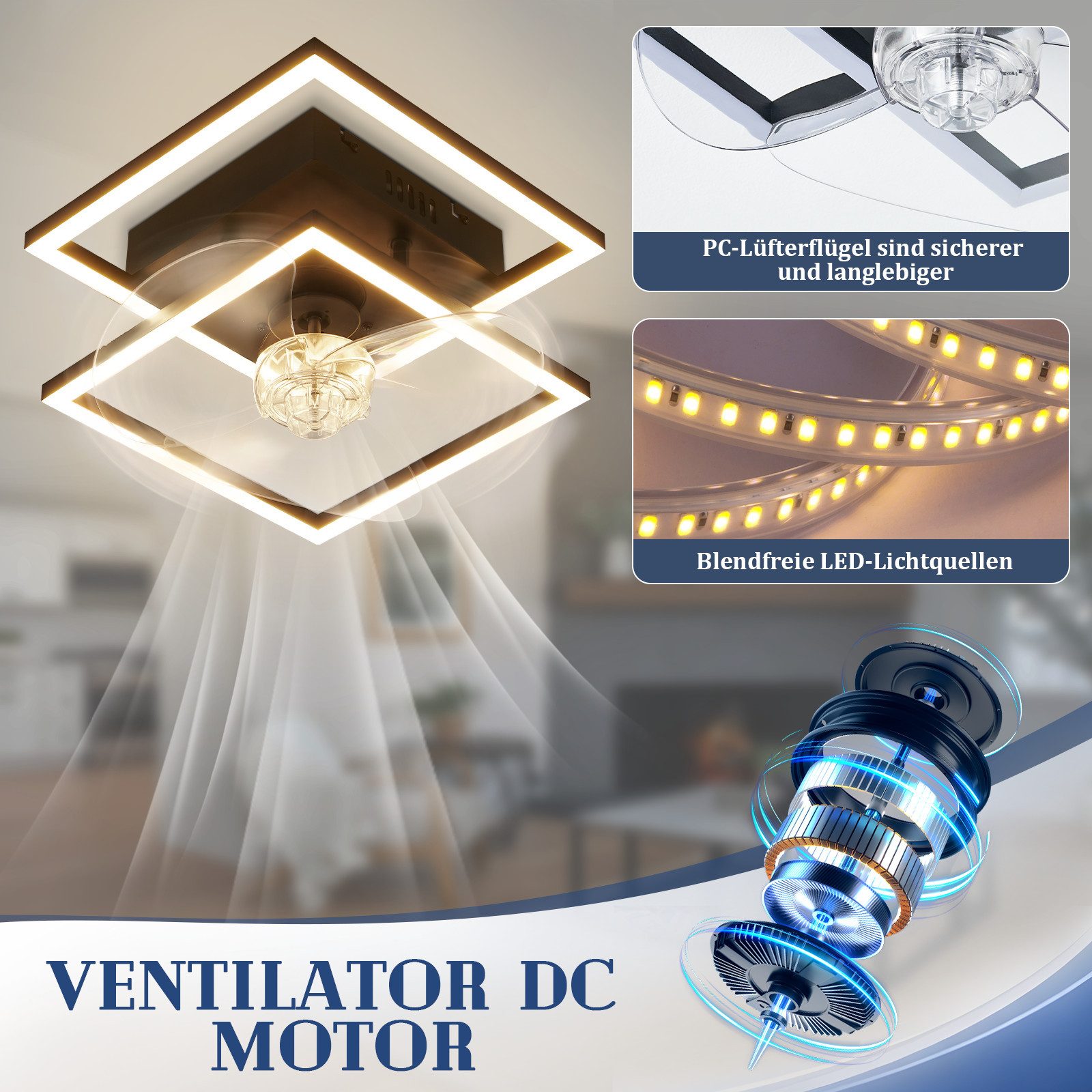 Nettlife Deckenventilator Beleuchtung dimmbar 6-Stufen Fernbedienung leiser Schwarz Modern, für Wohnzimmer Esszimmer Schlafzimmer Timer Nachtautomatik – Bild 5 von 5