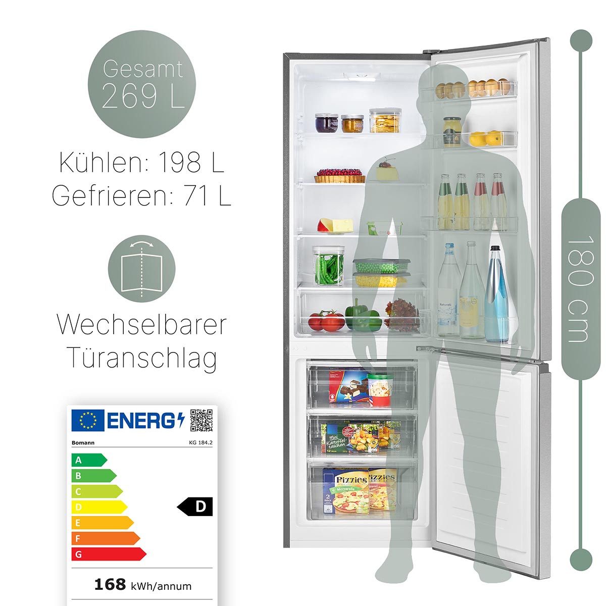 BOMANN Kühl-/Gefrierkombination KG 184.2, 180 cm hoch, 55 cm breit, 180cm Kühl-/Gefrierkombination, Energieklasse D