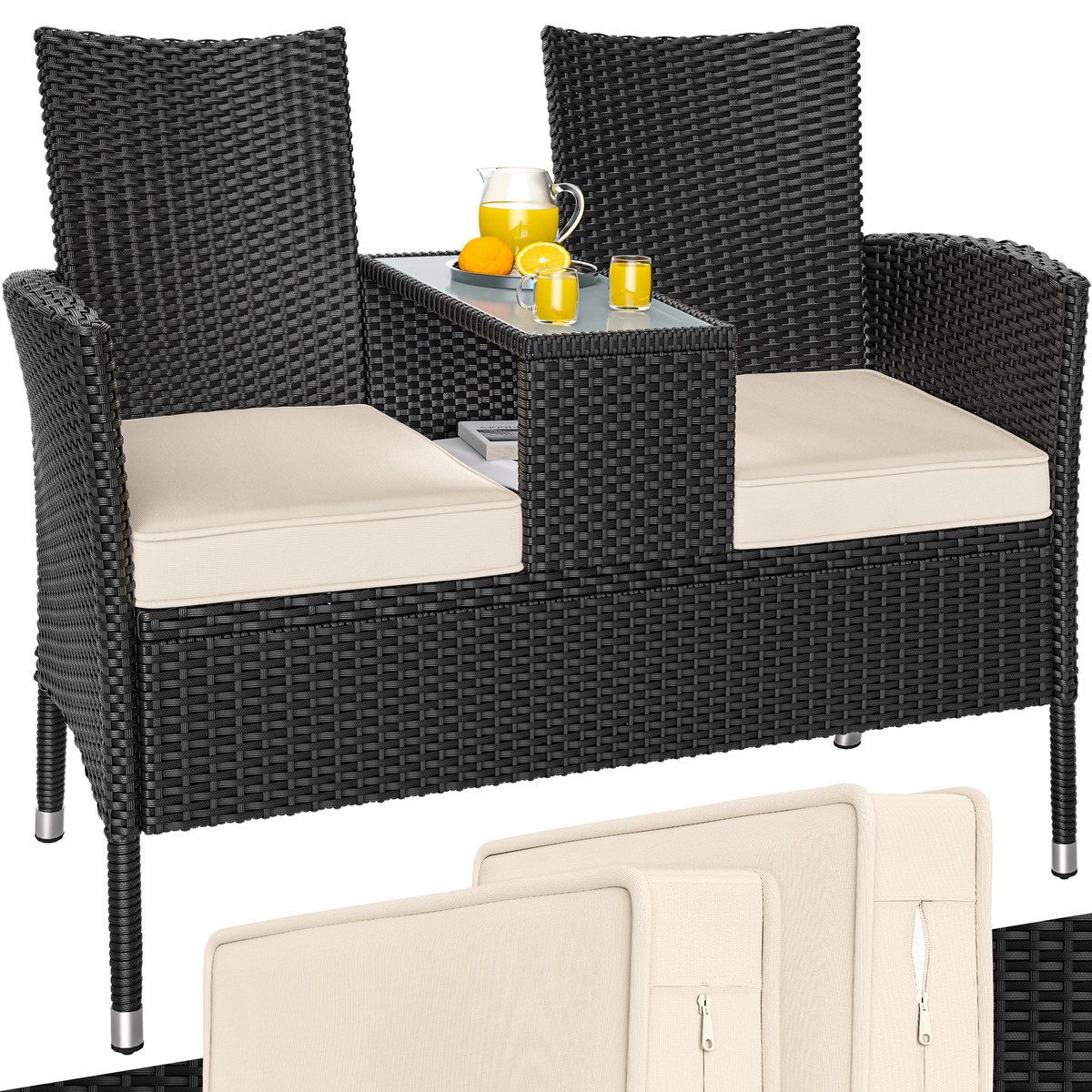 Casaria Gartenbank, inkl. Auflagen Polyrattan 320kg Belastbar Tisch Garten Schwarz