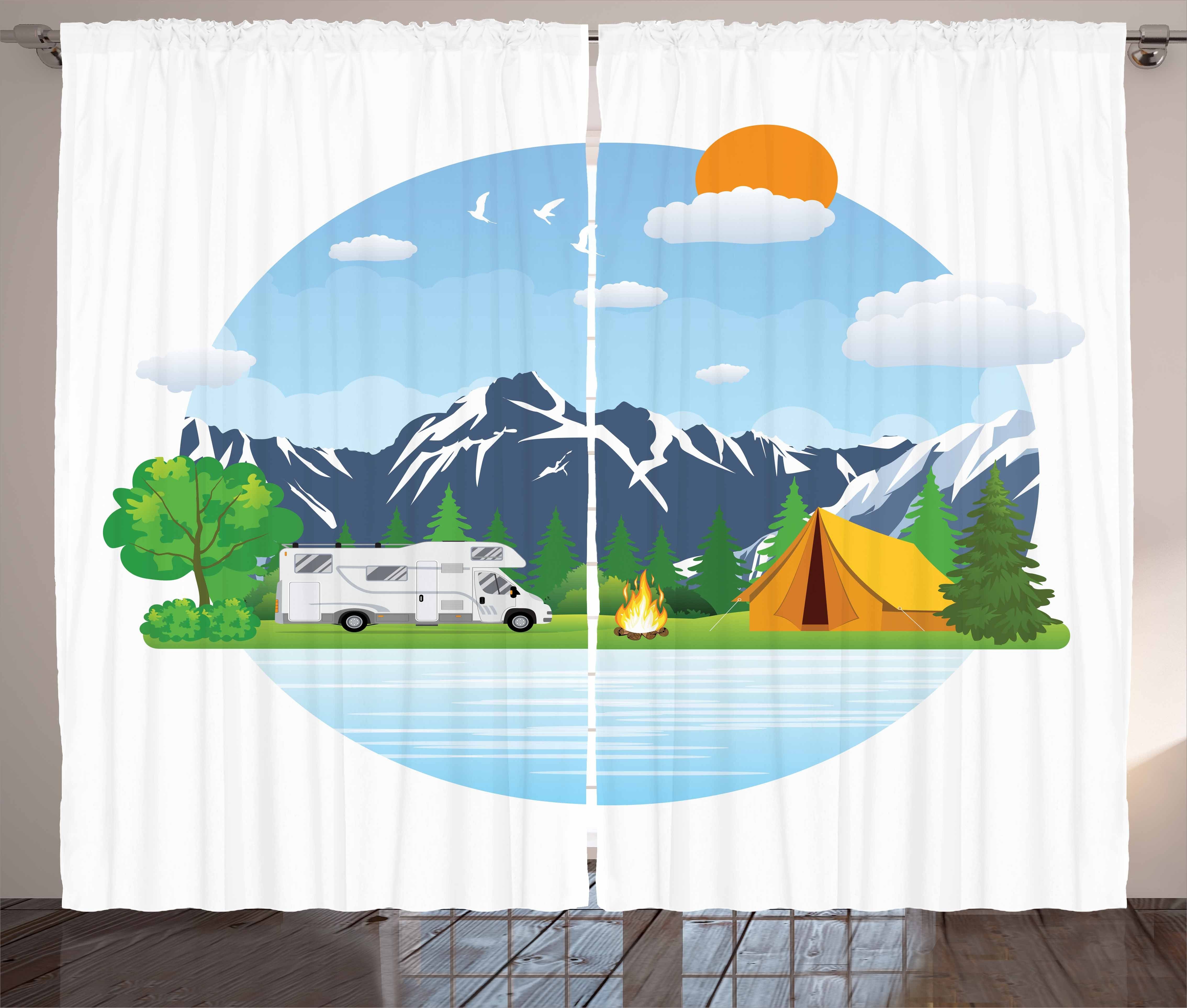 Gardine Schlafzimmer Kräuselband Vorhang mit Schlaufen und Haken, Abakuhaus, Wohnmobil Wald Camping Sommer