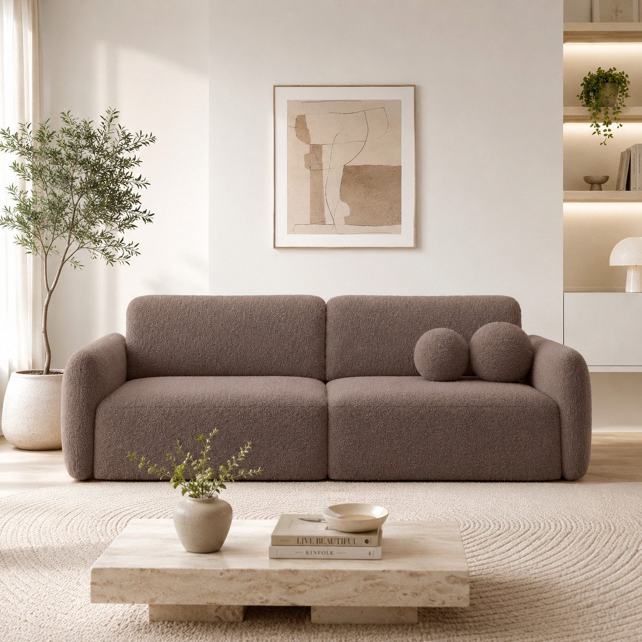 Goldstoff Schlafsofa Boo mit Bouclé-Stoff Designer Couch - modernes Sofa, Dekorative runde Kissen, ausziehbare Liegefläche