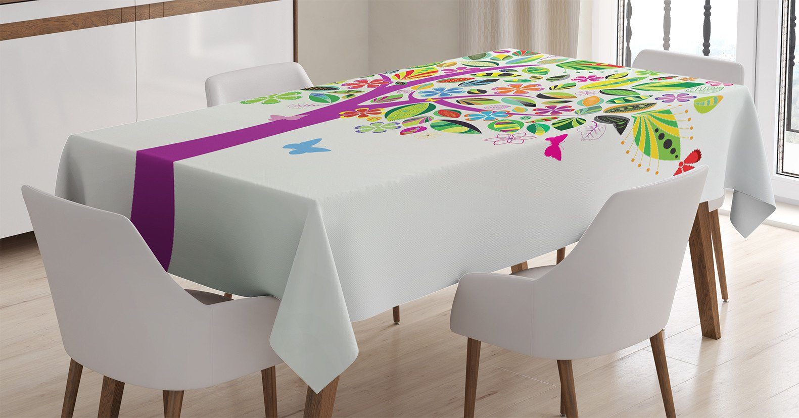 Abakuhaus Tischdecke Farbfest Waschbar Für den Außen Bereich geeignet Klare Farben, Baum des Lebens Blumen Schmetterlinge