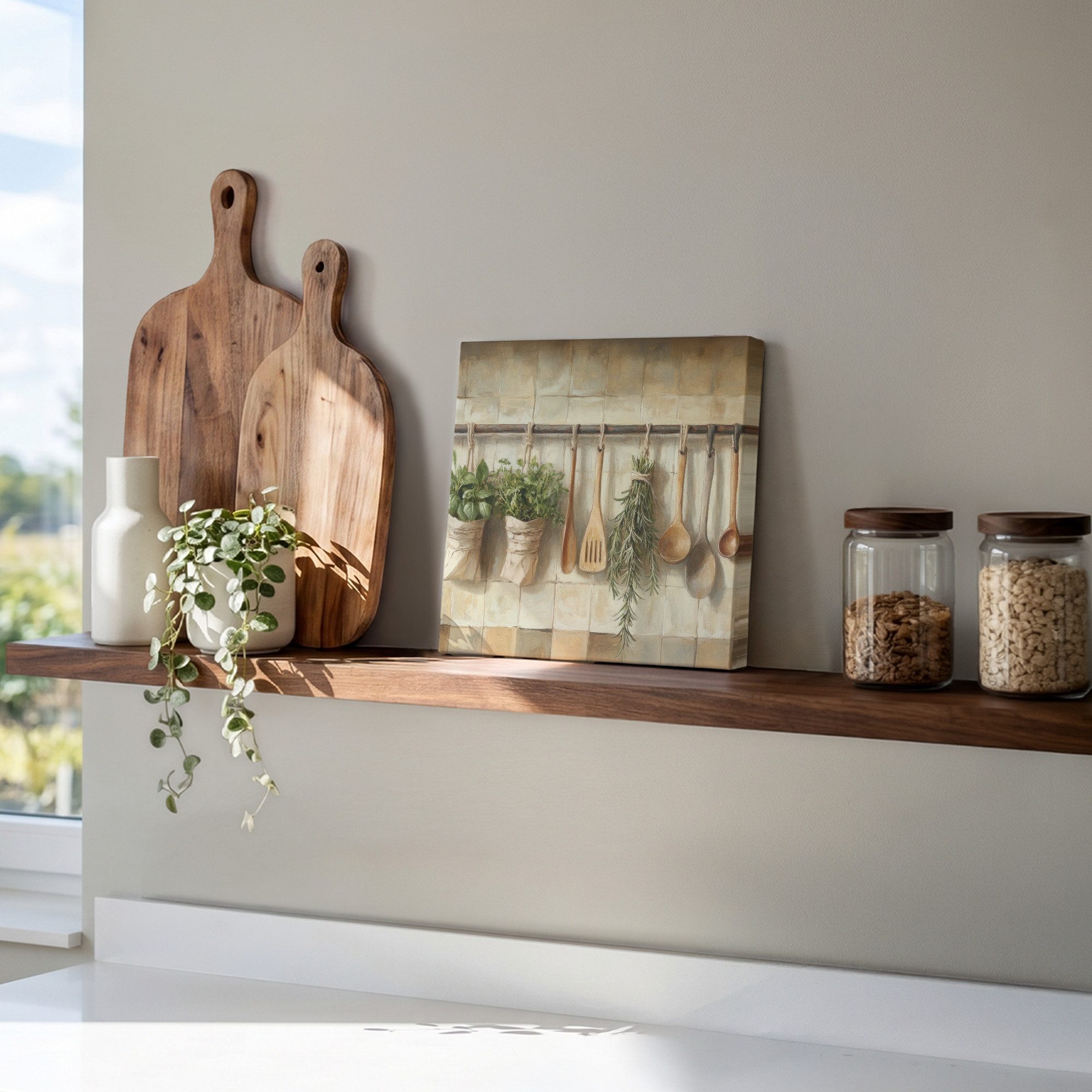 OneMillionCanvasses® Leinwandbild Holz - Küchengeräte - Stilleben - Kacheln, Fotodruck (1 St), Wandbild, Deko Schlafzimmer Wohnzimmer Flur 20x20 cm – Bild 5 von 5