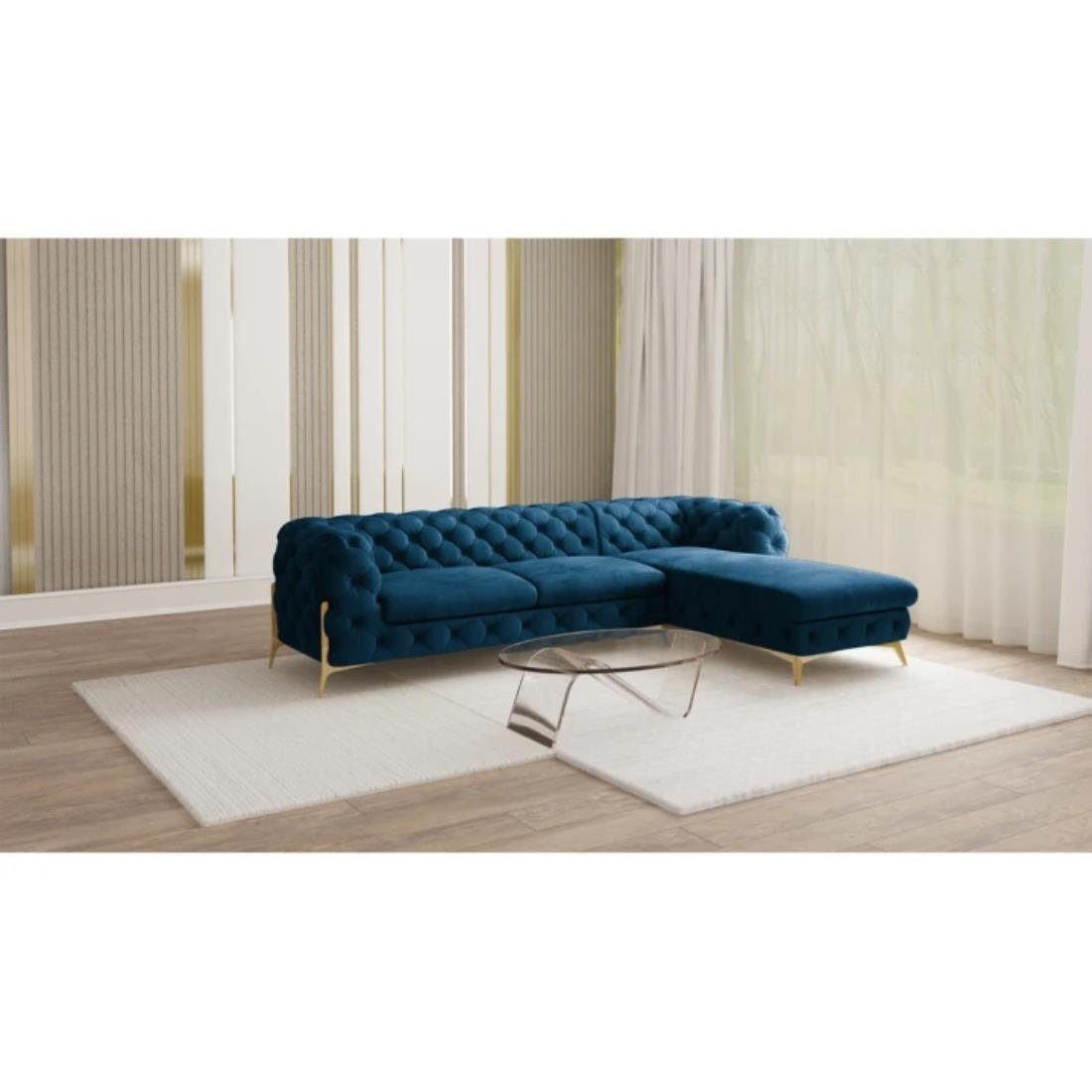 S-Style Möbel Ecksofa mit mane Chesterfield Ashley mit Goldene Metall Füßen, mane links oder rechts bestellbar, mit Wellenfederung Marineblau