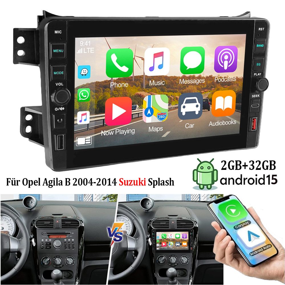 ESSGOO Für Opel Agila B 04-14 Suzuki Splash Autoradio Android 15 Autoradio (RDS, 4+64GB(optional), Digitalradio (DAB), FM, BT 4.1, SWC, Carplay Android Auto Bluetooth EQ USB GPS Navi WIFI Touchscreen)