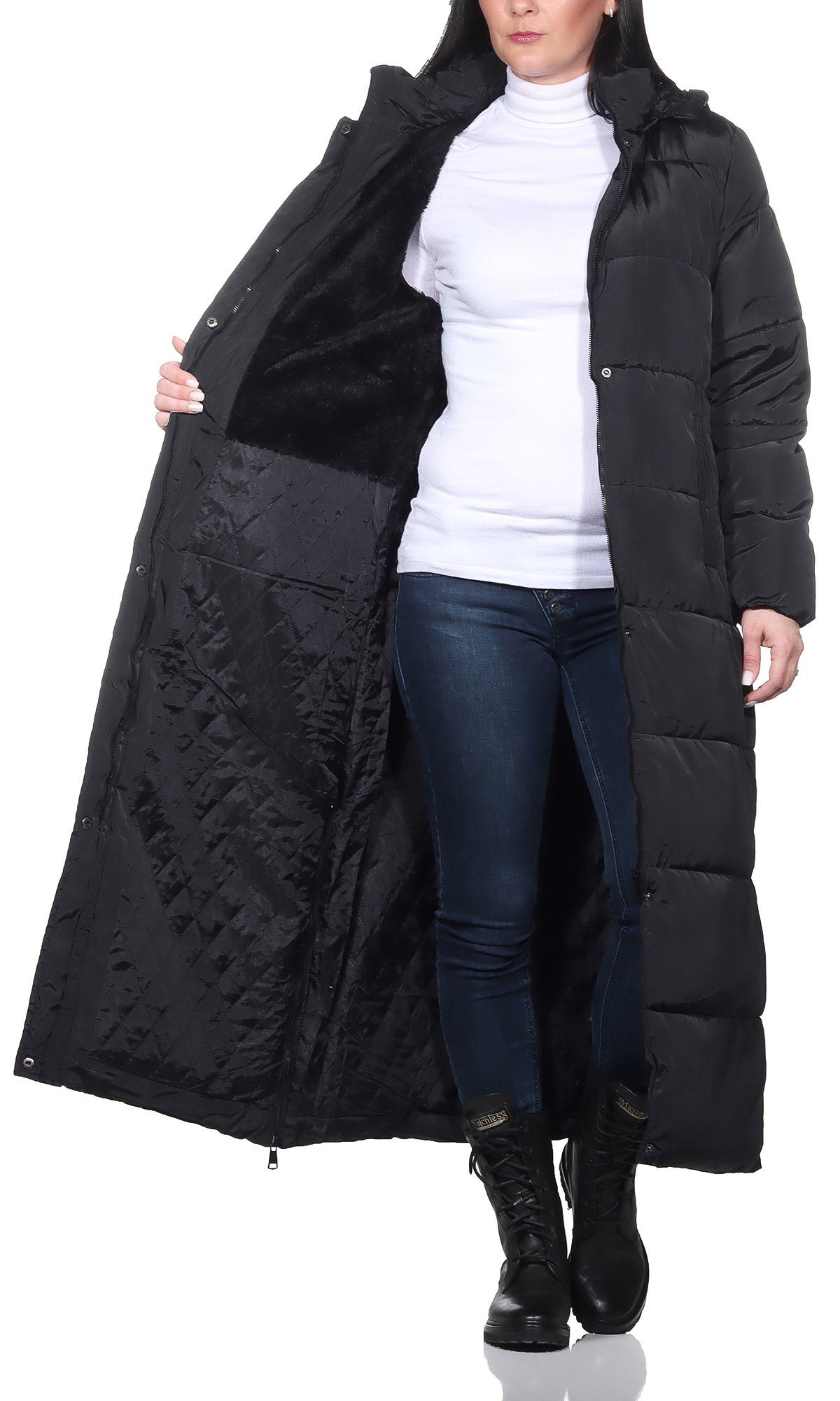 Aurela Damenmode Steppmantel Longmantel gefütterter Damen Wintermantel Teddyfell, abnehmbare Kapuze, in großen Größen erhältlich