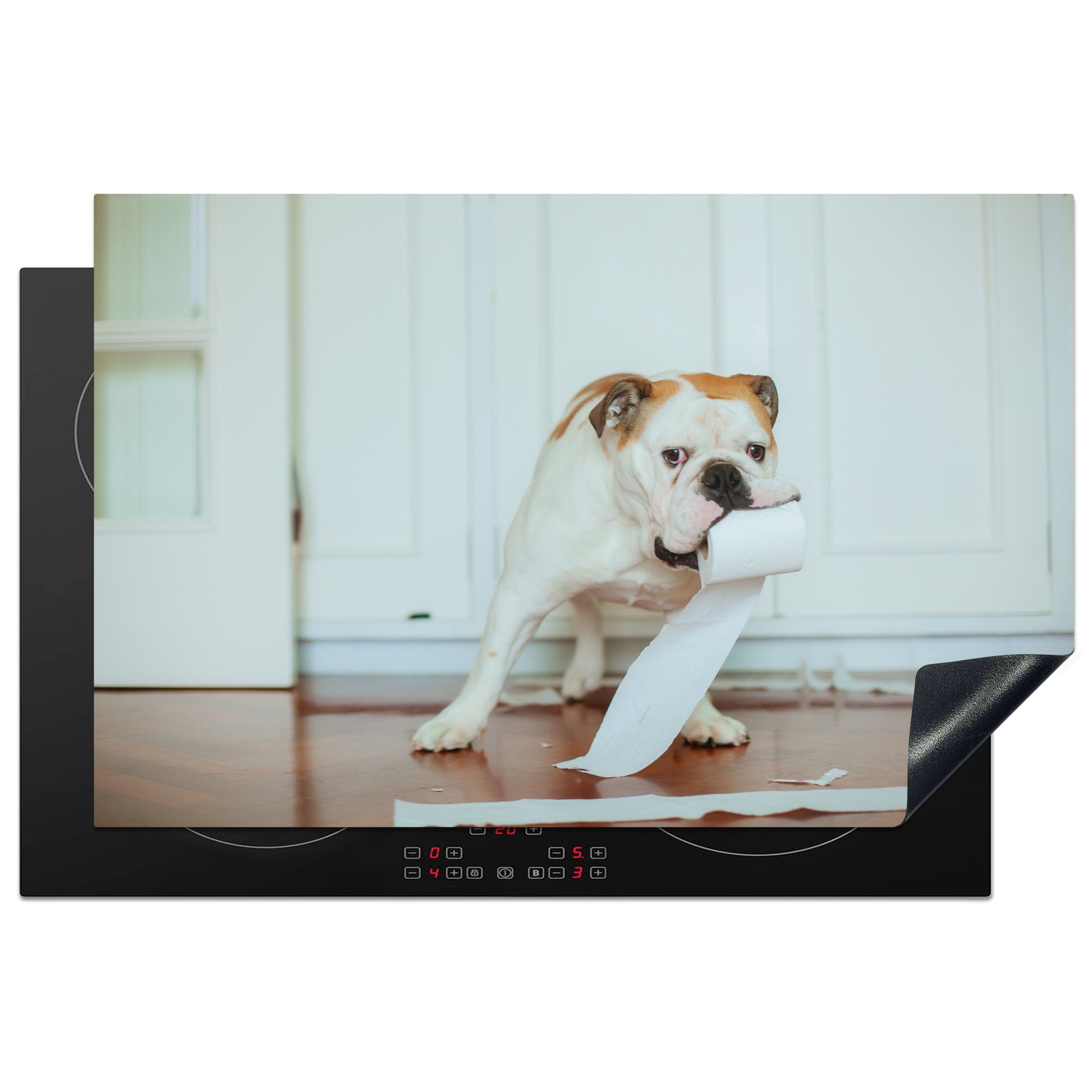 MuchoWow Herdblende-/Abdeckplatte Hund spielt mit cm, küche, Toilettenpapier, Vinyl, tlg), für 81x52 (1 Schutz die Ceranfeldabdeckung Induktionskochfeld