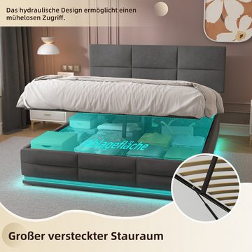 Merax Polsterbett, mit Bettkasten und LED, Stauraumbett 140x200cm, Doppelbett mit USB