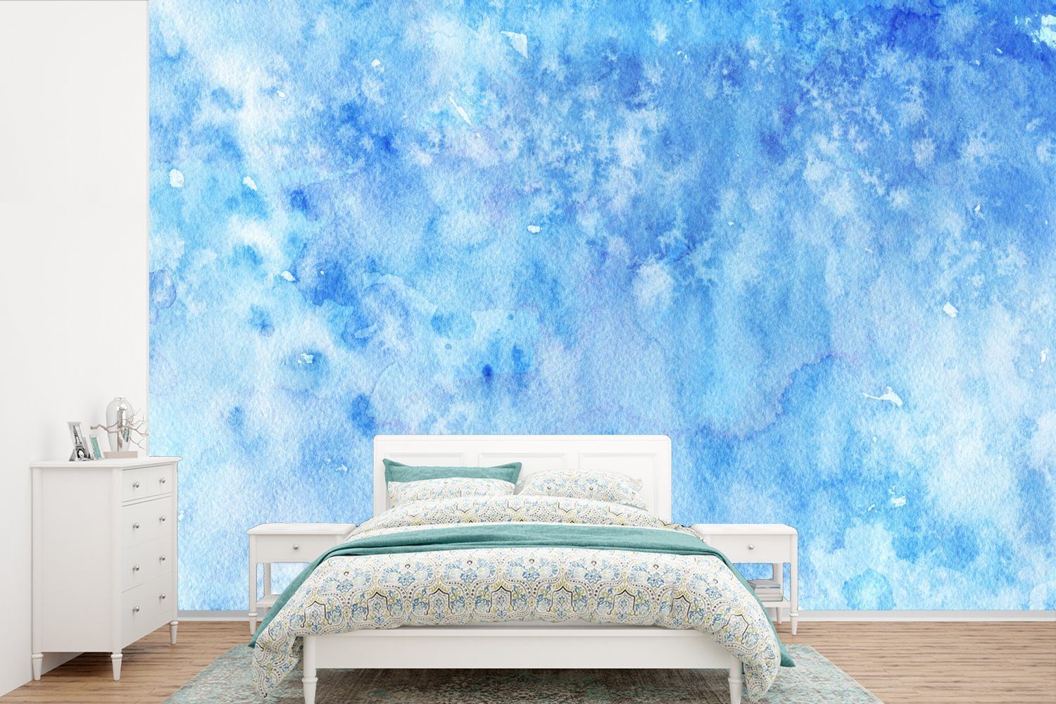 MuchoWow Fototapete Aquarell - Weiß - Blau - Farbton, Matt, bedruckt, (6 St), Wallpaper für Wohnzimmer, Schlafzimmer, Kinderzimmer, Vinyl Tapete