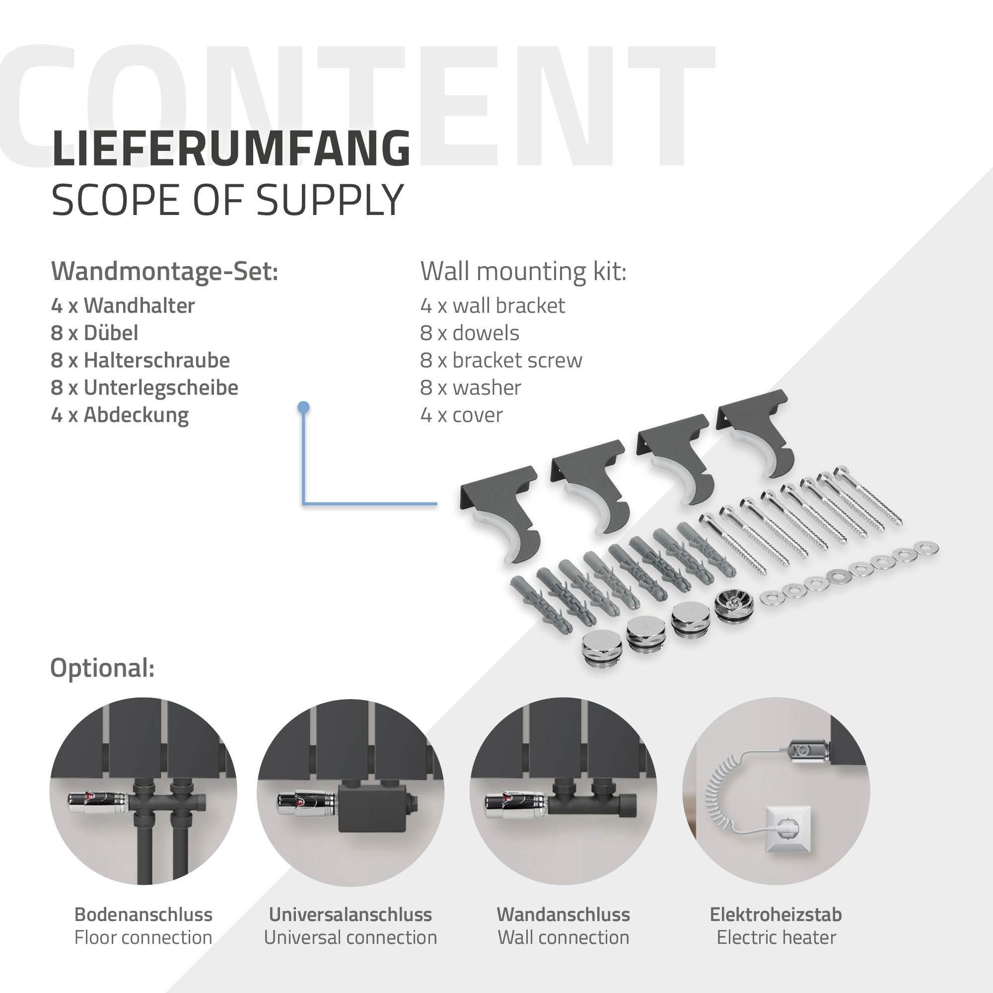 Paneelheizkörper Mittelanschluss Heizkörper Vertikal Röhren ML-DESIGN Designheizkörper Montage-Set Flachheizkörper, 1800x300mm Anthrazit