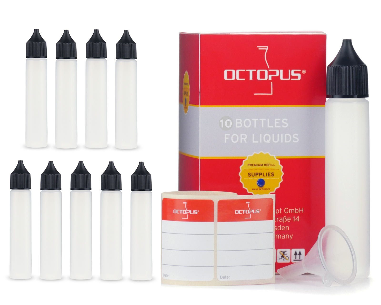 OCTOPUS Kanister 10 Plastikflaschen 30 ml länglich aus LDPE, G18, Tropfeinsatz, Deckel (10 St) | Kanister