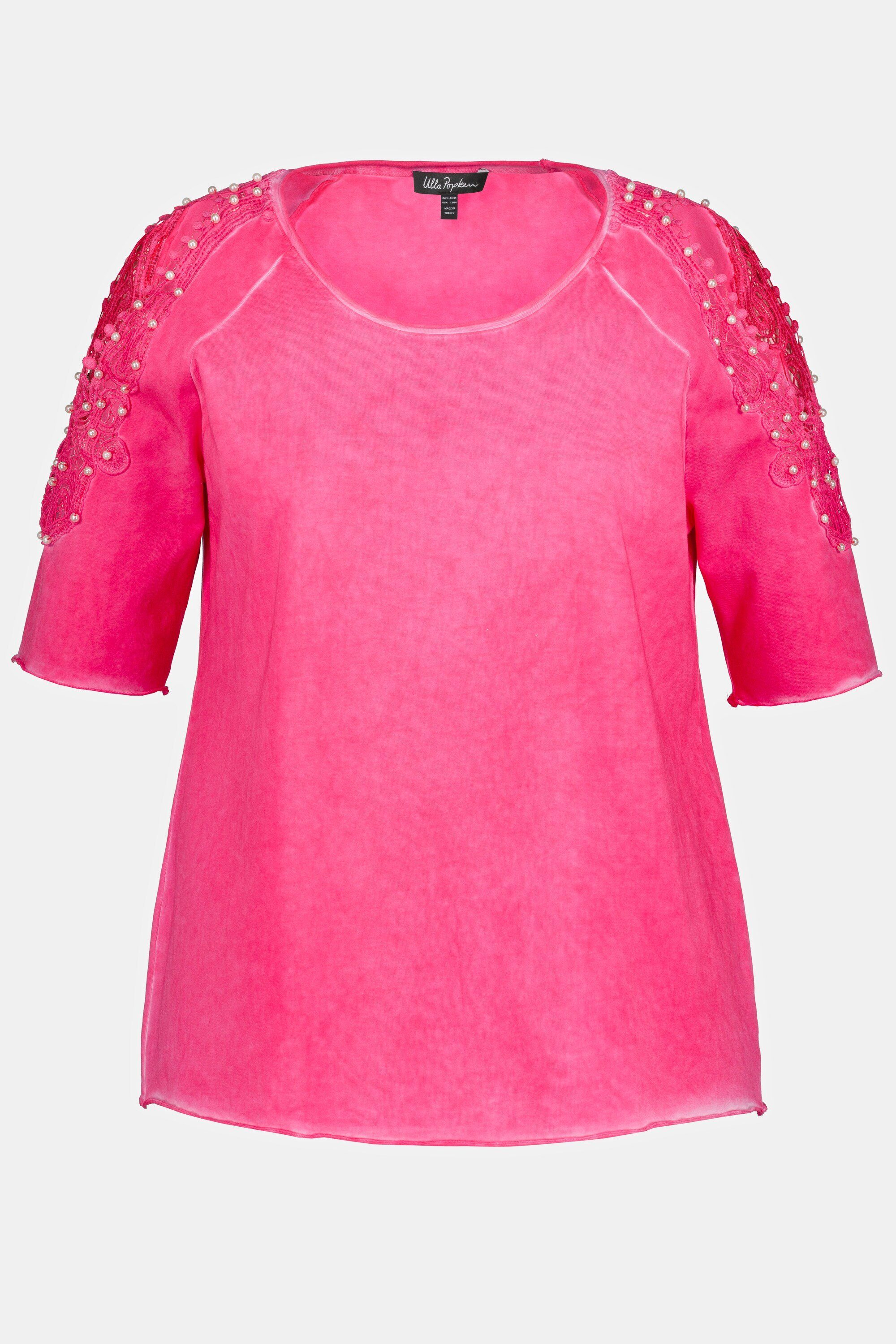 Ulla Popken Rundhalsshirt T-Shirt Spitze pink Schulterschlitze Halbarm Perlen