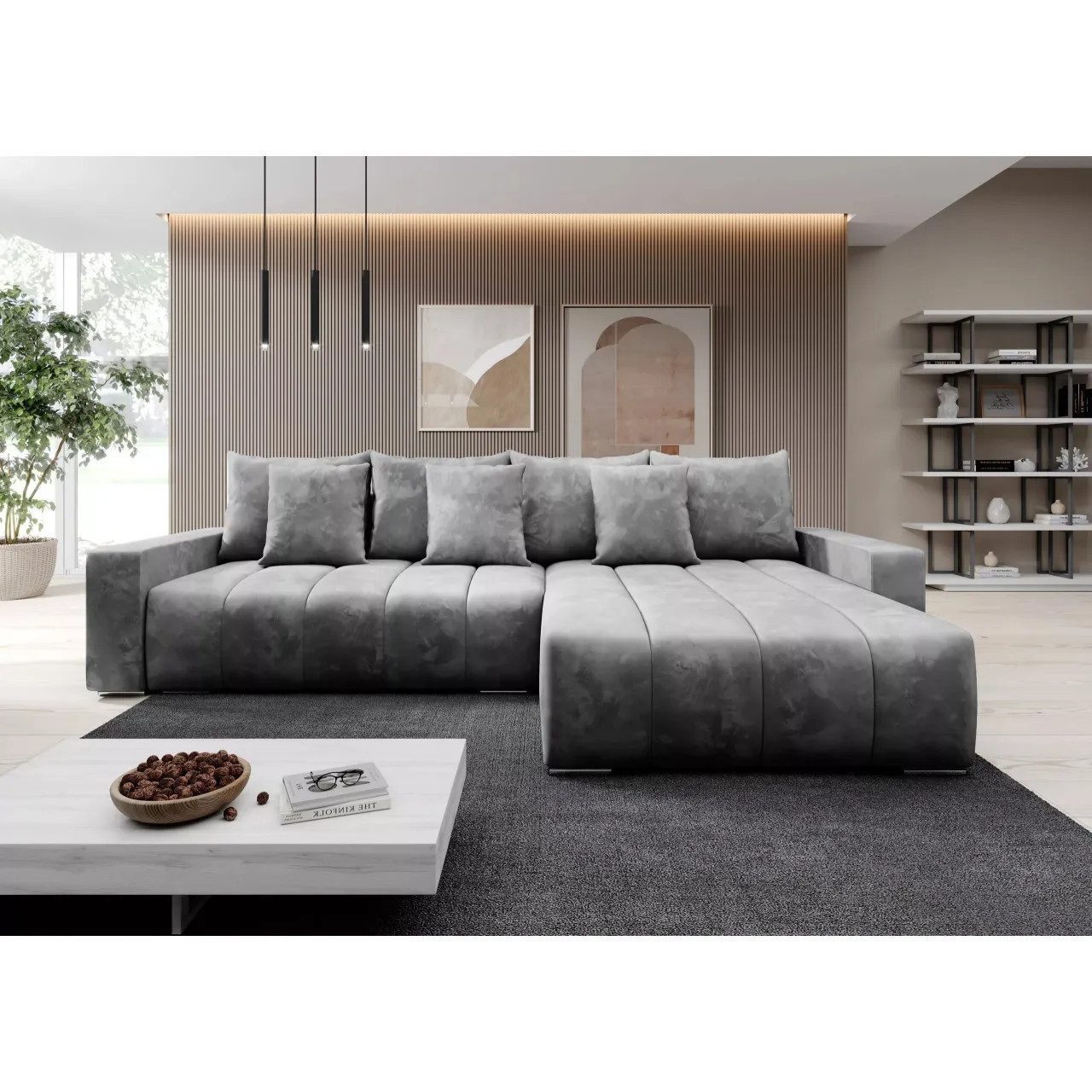 Muffo Ecksofa PIANO, elegante vertikale Nähte, Bettzeugablage, Schlaffunktion 234x137, Lose Rückenkissen