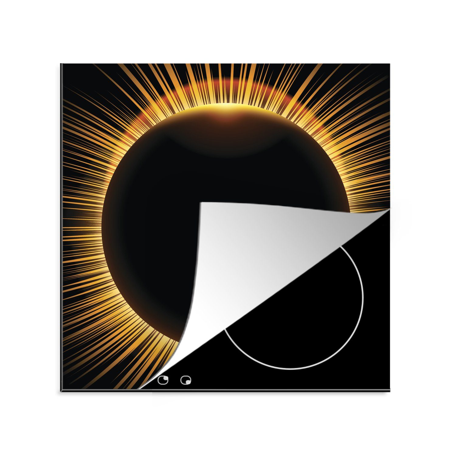 MuchoWow Herdblende-/Abdeckplatte Eine Illustration einer Sonnenfinsternis mit goldenen Strahlen, Vinyl, (1 tlg), 78x78 cm, Ceranfeldabdeckung, Arbeitsplatte für küche