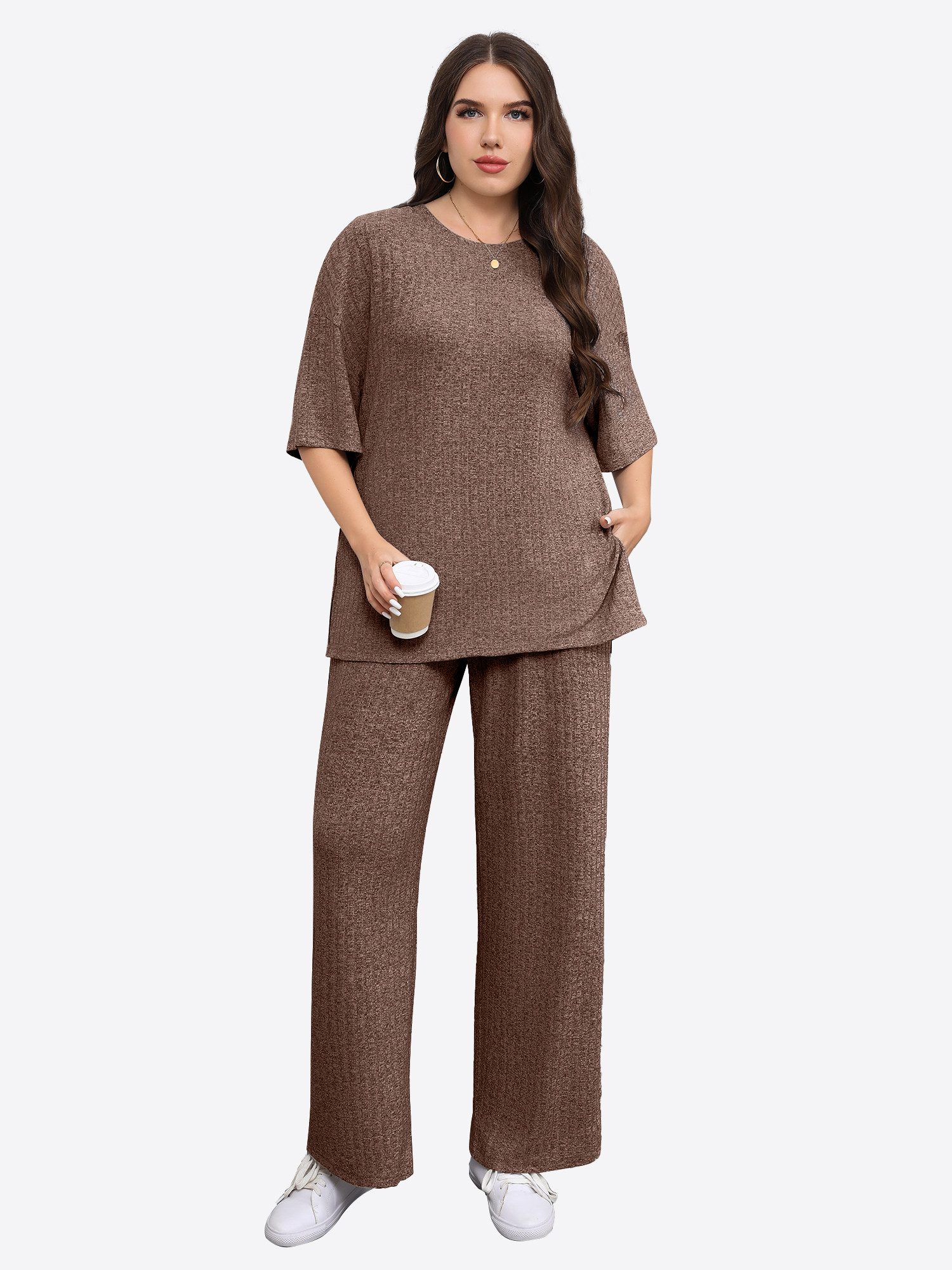 Imily Bela Hausanzug Damen Freizeitanzug 2-teilig in Übergröße (Set, 2 tlg., Rippstrick-Oberteil + Palazzo-Hose) in Unifarbe