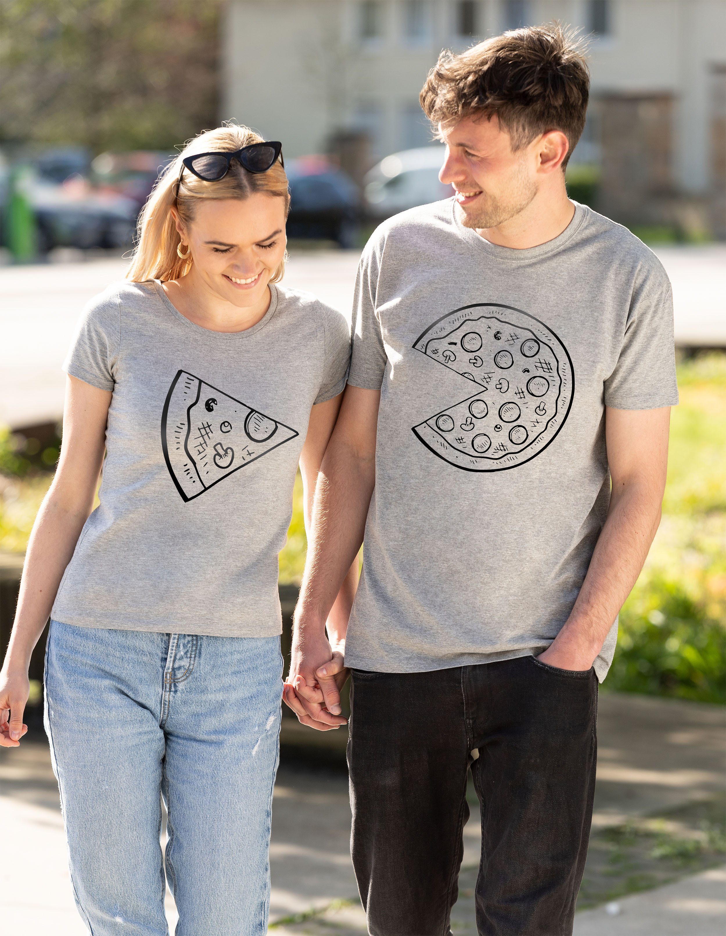 Fun Partner Look Couples Print Pizza / Shop (1-tlg) Herren Grau mit T-Shirt T-Shirts trendigem